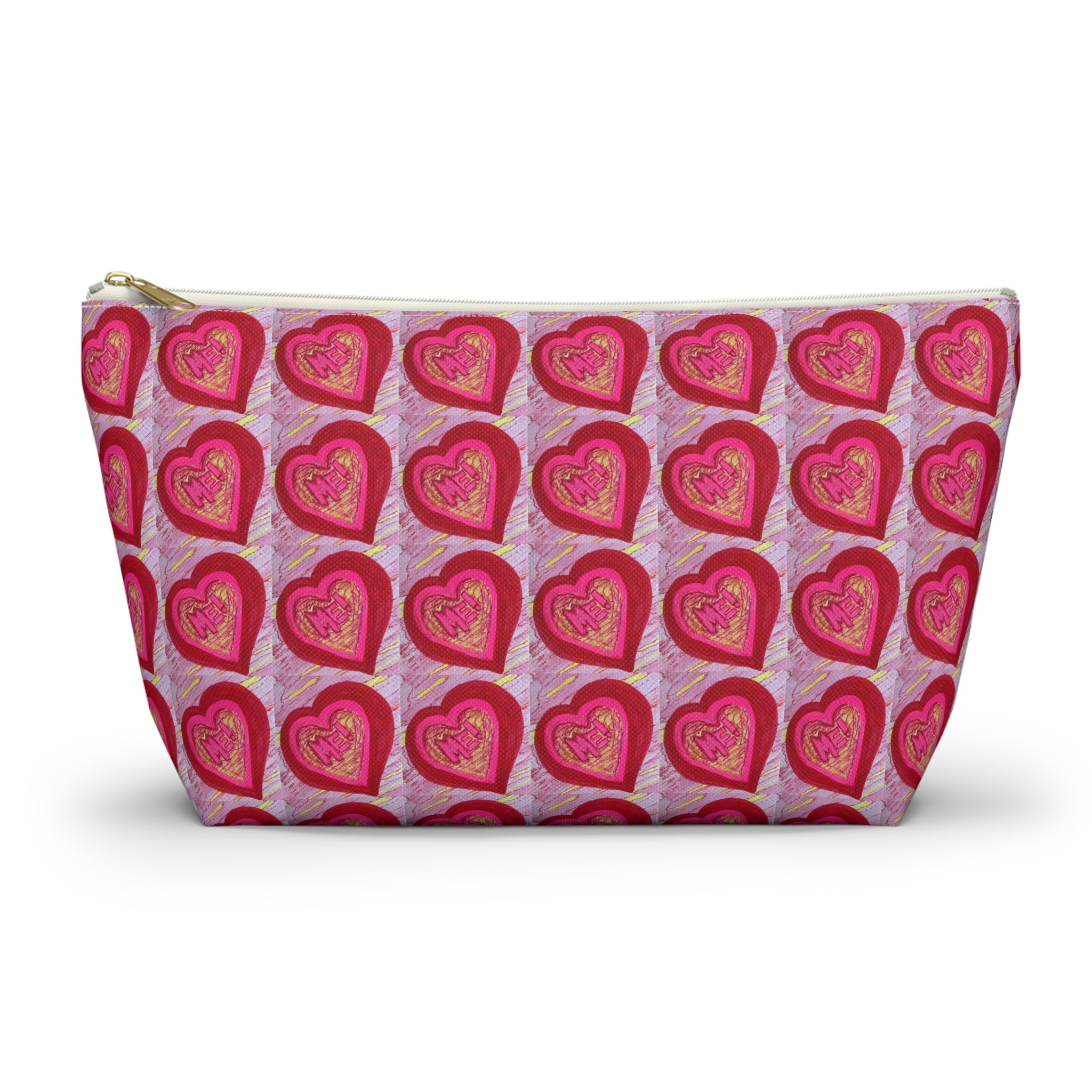Cute Makeup Bag, Heart Pattern Pouches, Cosmetic Travel Organizer, T-Bottom Zipper Pouch, Aesthetic Pencil Case, Pop Art Travel Accessories, All Over Print Bags, Made in USA Pouches.