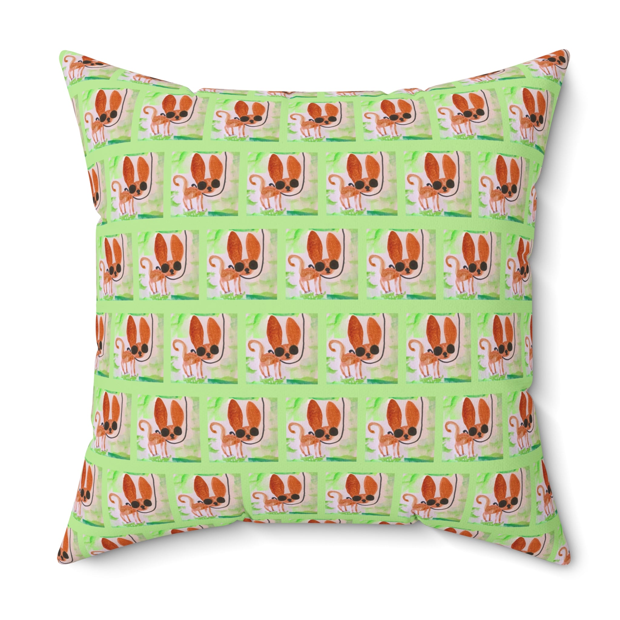 Chihuahua Dog Park Walk Square Pillow — Cute Sassy Pup on Green Background