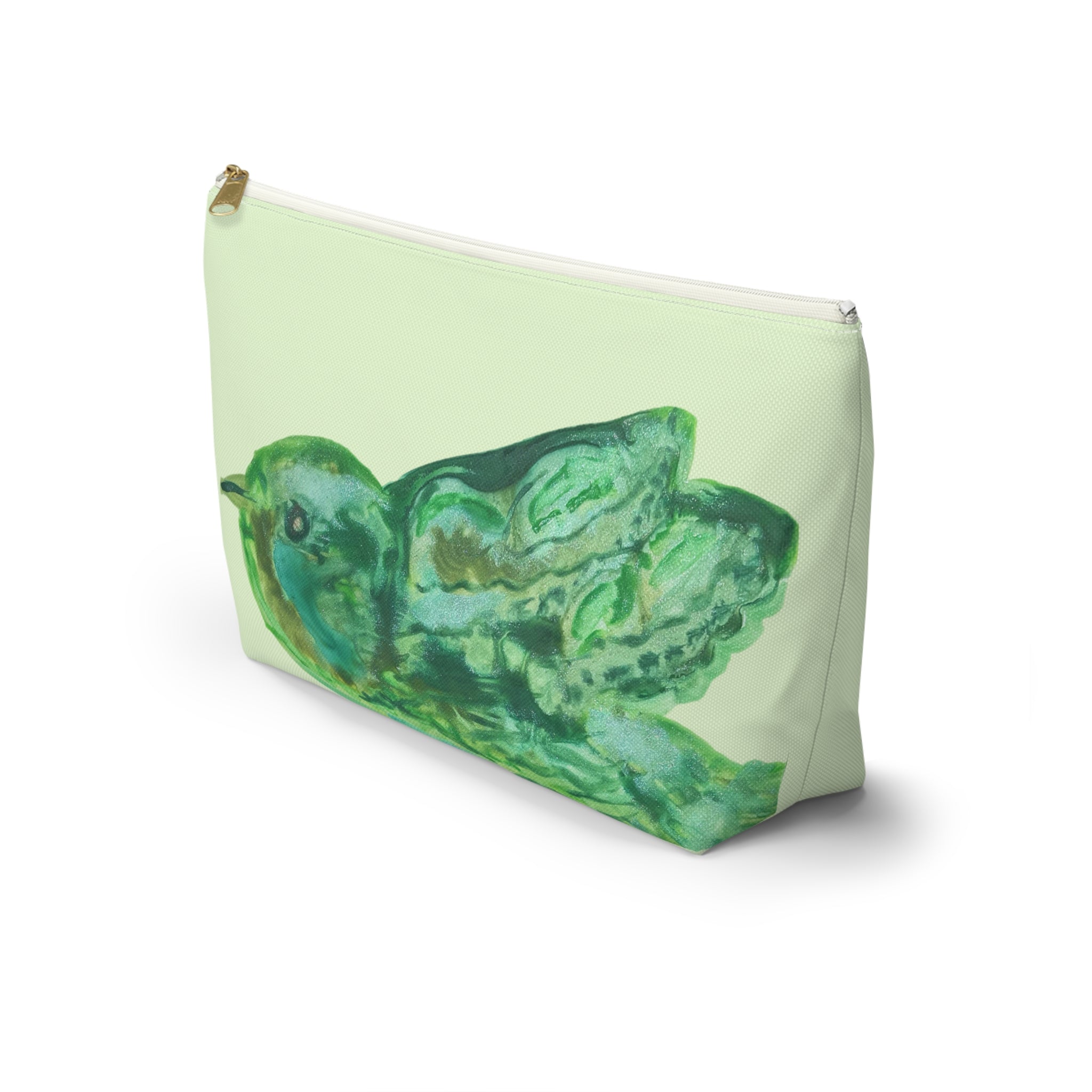 Shades of Green Bird Watercolor Zipper Accessory Makeup Day or Travel Cosmetic Pouch Bag