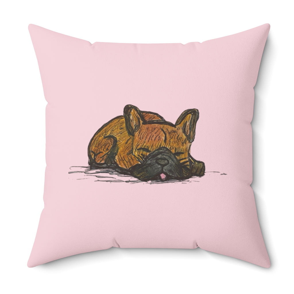 Brown French Bulldog Sleeping - Pink Decorative Throw Pillow