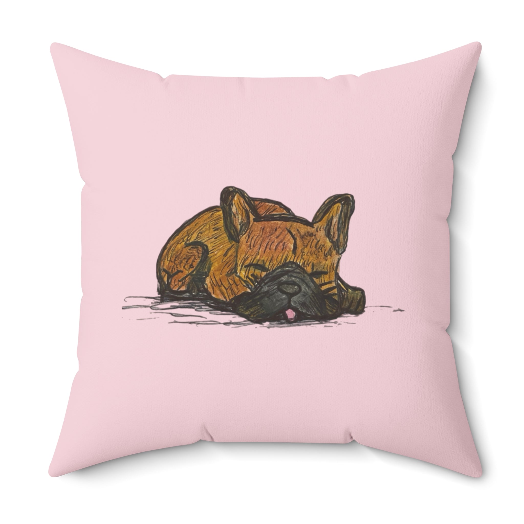 Brown French Bulldog Sleeping - Pink Decorative Throw Pillow