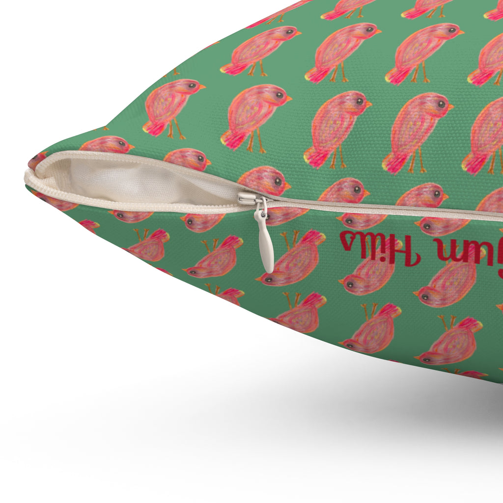 Red, Orange & Pink Birds Pattern with Wild Outdoor Green Background Square Decorative Throw Pillow Perfect for Bird Lovers