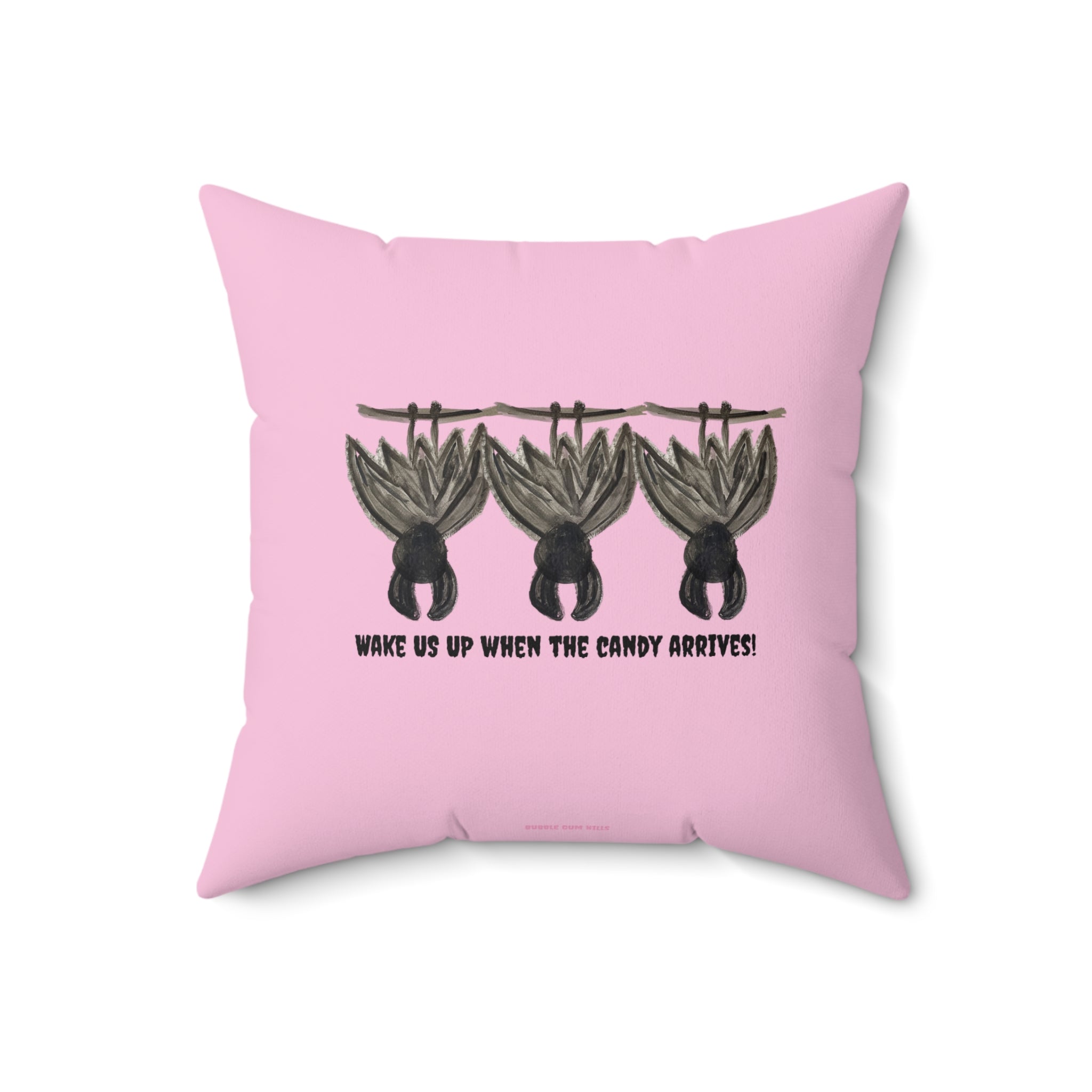 Bats Decorative Pink Halloween Pillow — "Wake Me Up When The Candy Arrives"
