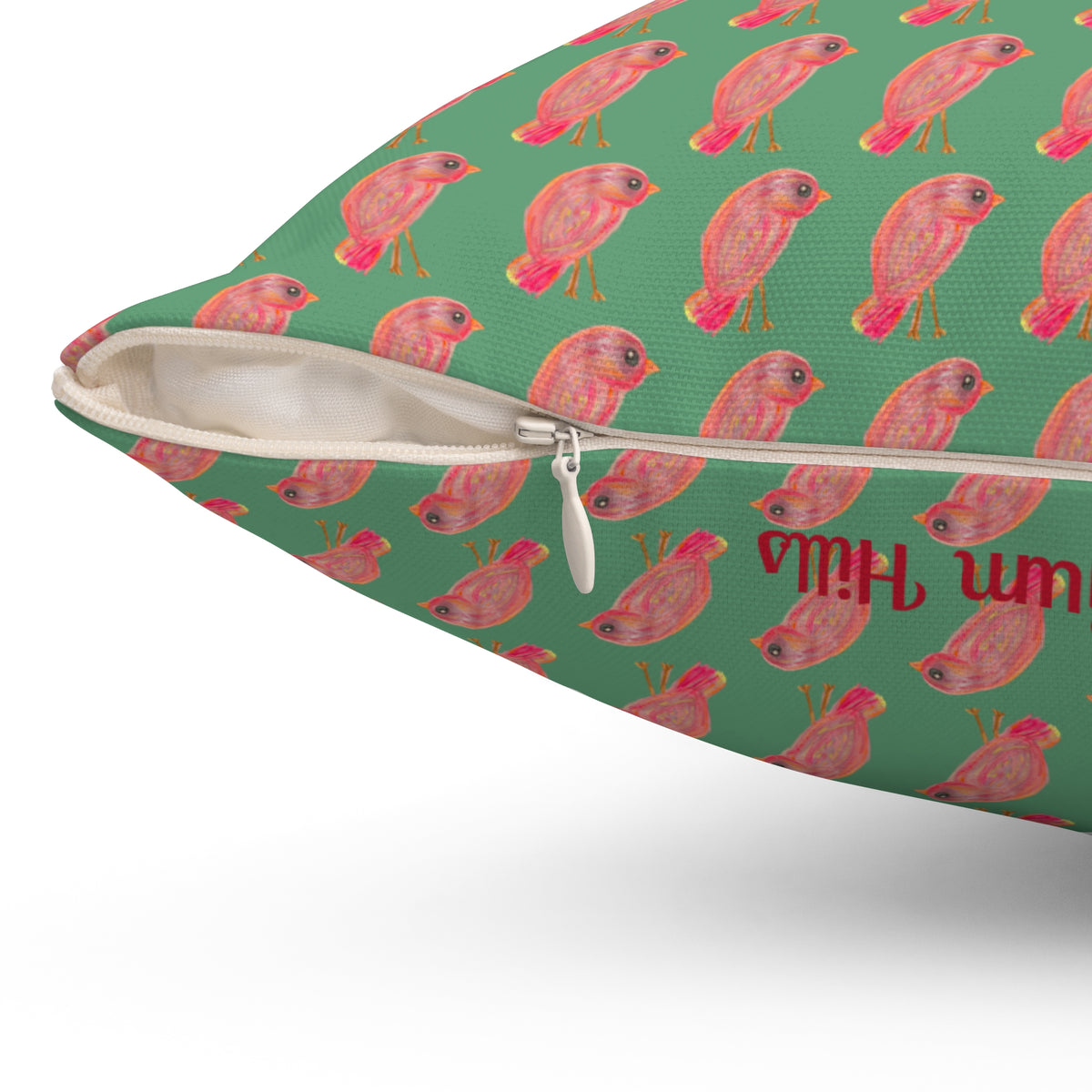 Red, Orange & Pink Birds Pattern with Wild Outdoor Green Background Square Decorative Throw Pillow Perfect for Bird Lovers