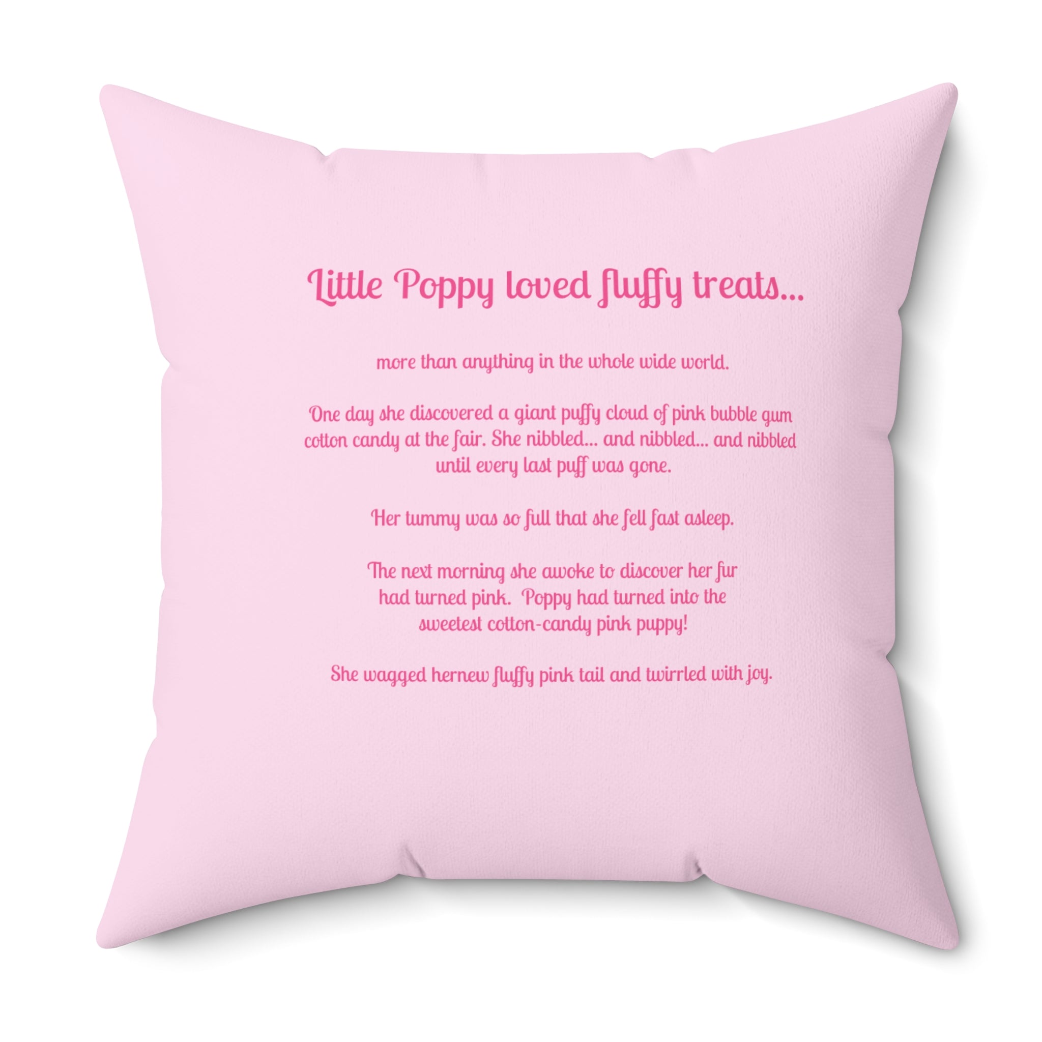 Pink Puppy Poppy Storytime Decorative Pillow — Cute Hand-Drawn Dog Design