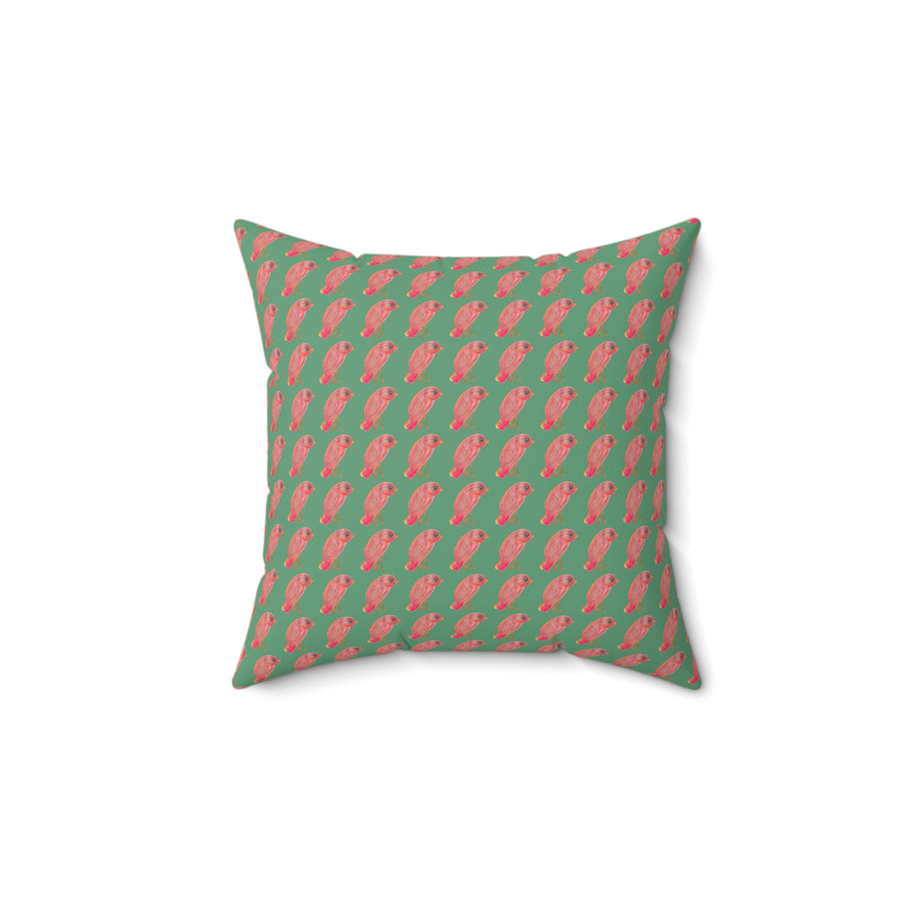 Red, Orange & Pink Birds Pattern with Wild Outdoor Green Background Square Decorative Throw Pillow Perfect for Bird Lovers