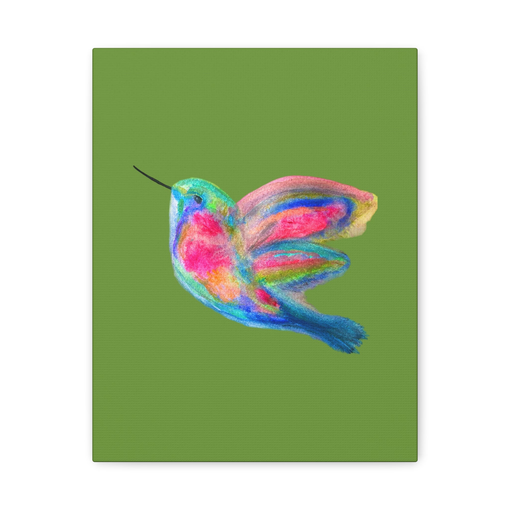 Canvas Wall Art — Colorful Hummingbird Painting on Green Matte Stretched Canvas