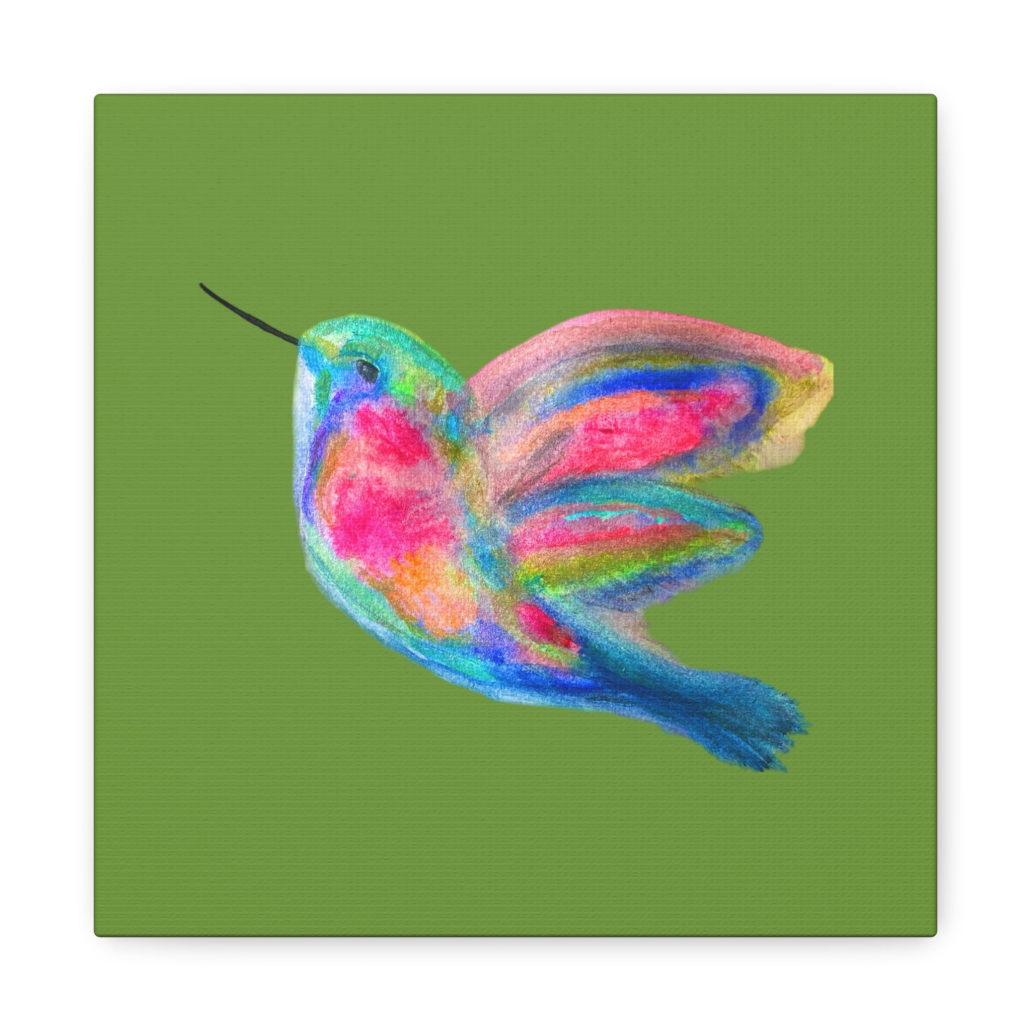 Canvas Wall Art — Colorful Hummingbird Painting on Green Matte Stretched Canvas