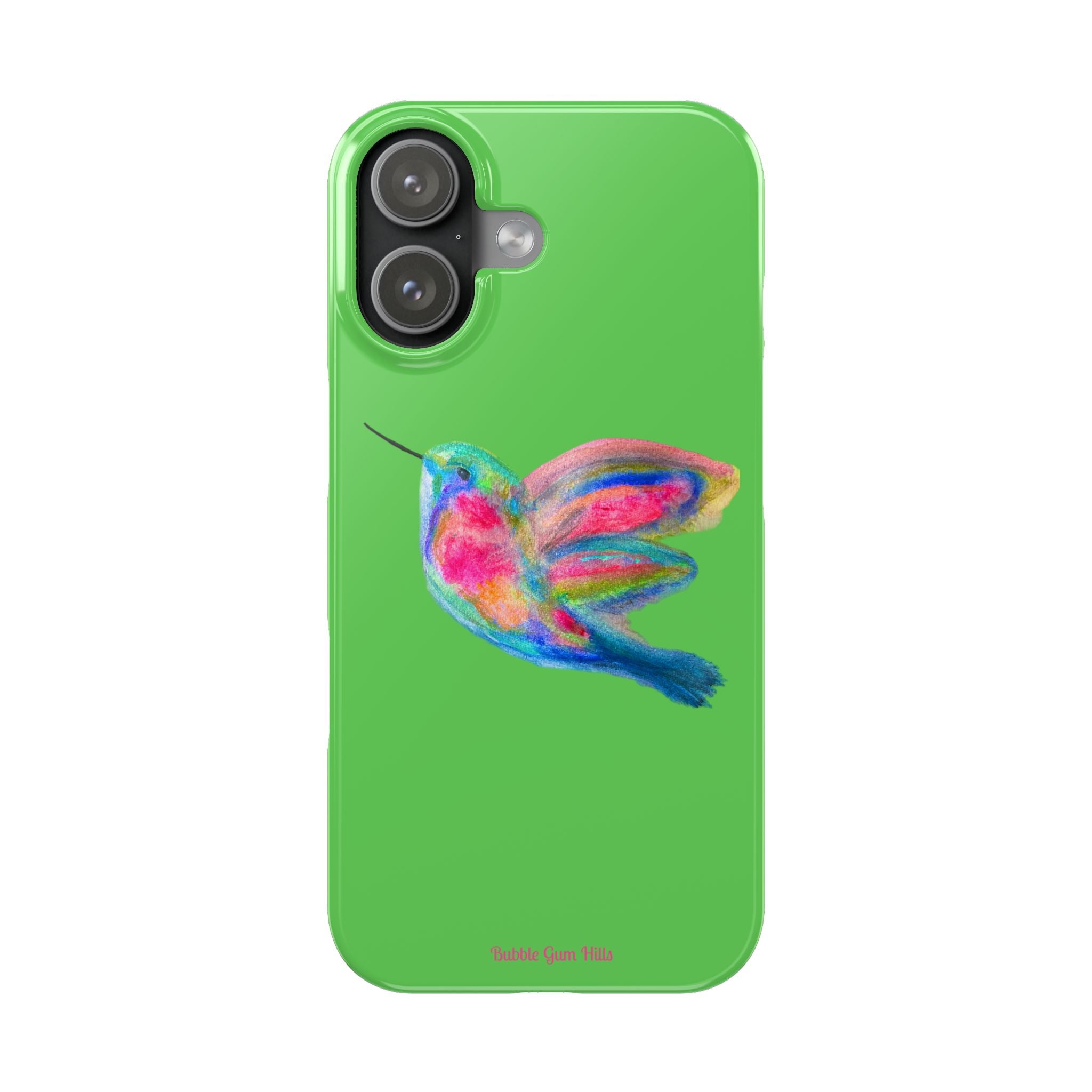 Colorful Hummingbird Slim Phone Case — Bright Green Watercolor Design