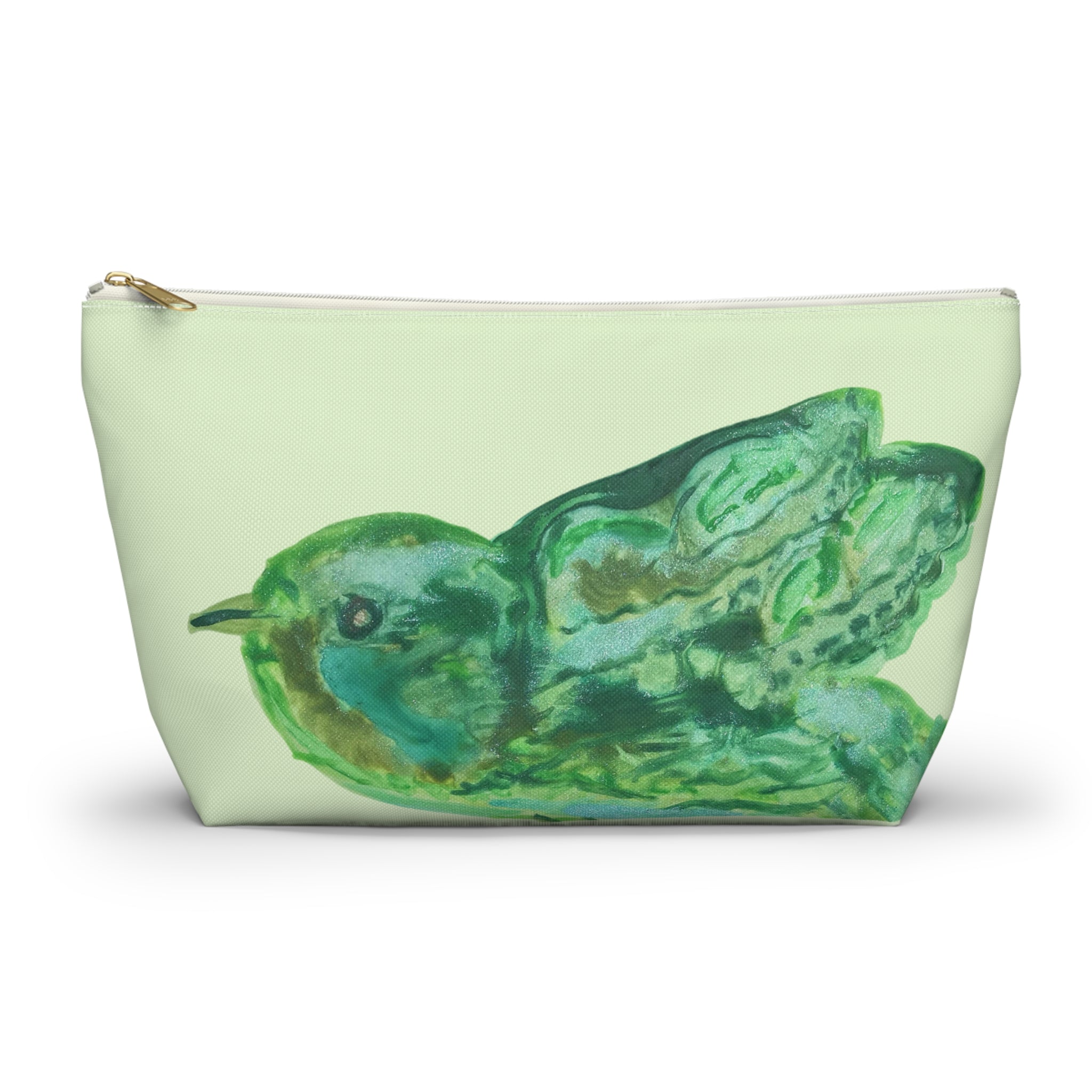 Shades of Green Bird Watercolor Zipper Accessory Makeup Day or Travel Cosmetic Pouch Bag