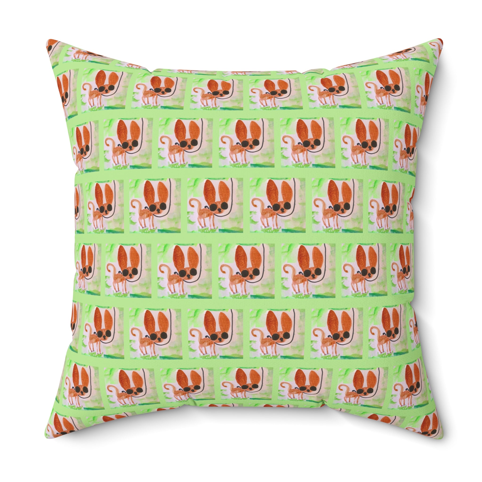 Chihuahua Dog Park Walk Square Pillow — Cute Sassy Pup on Green Background