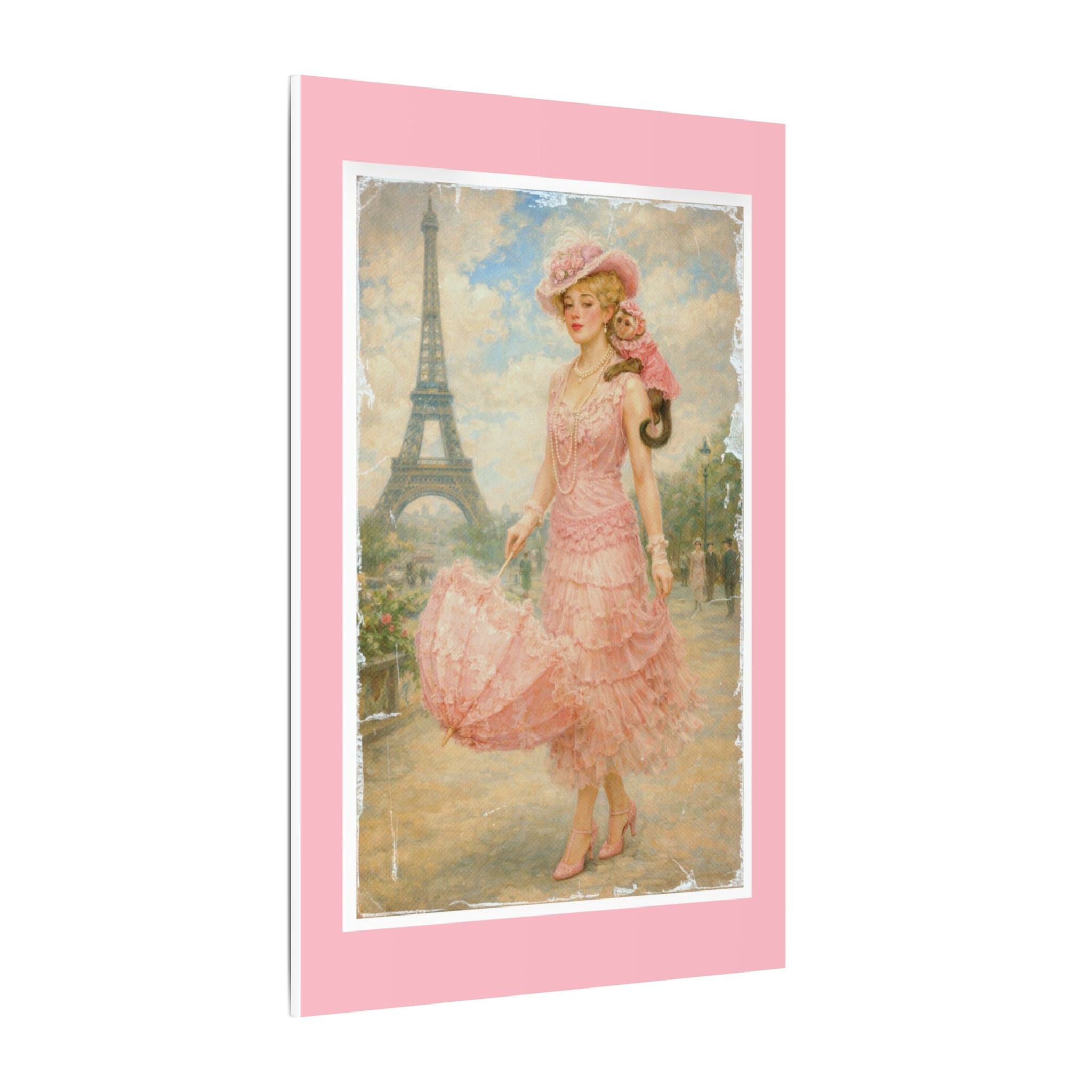 Vintage Parisian Lady & Monkey Canvas Wall Art — Pink Eiffel Poster