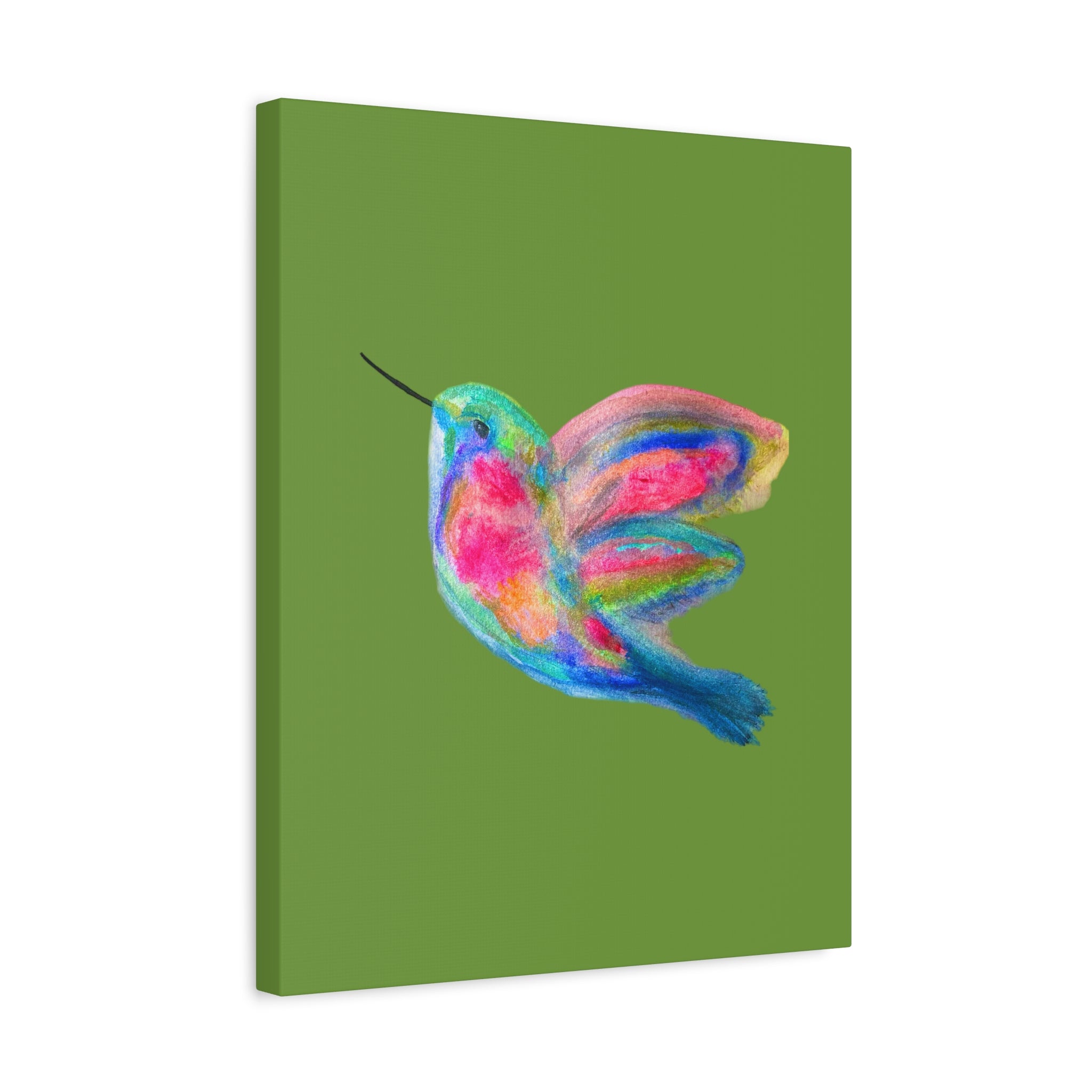 Canvas Wall Art — Colorful Hummingbird Painting on Green Matte Stretched Canvas