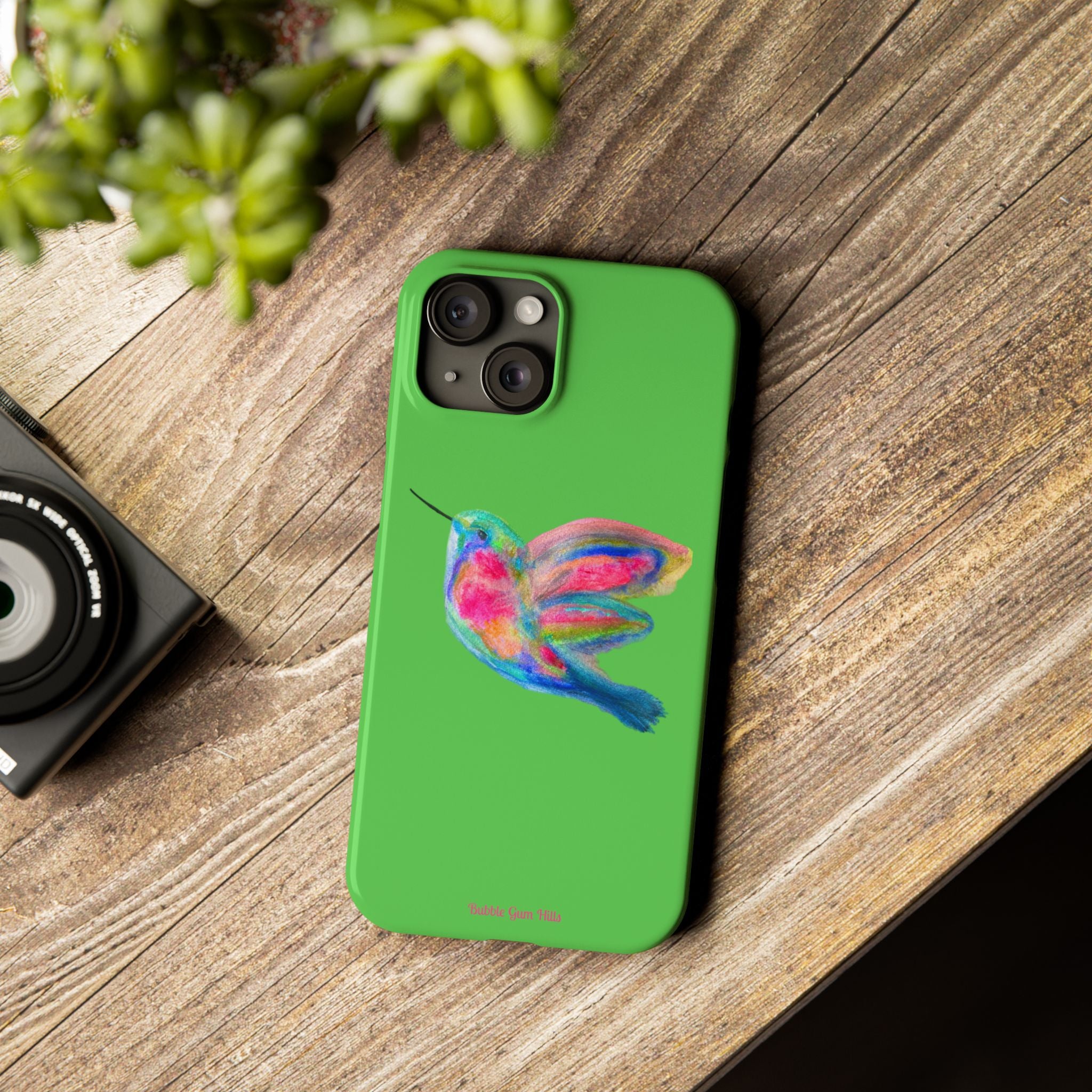 Colorful Hummingbird Slim Phone Case — Bright Green Watercolor Design