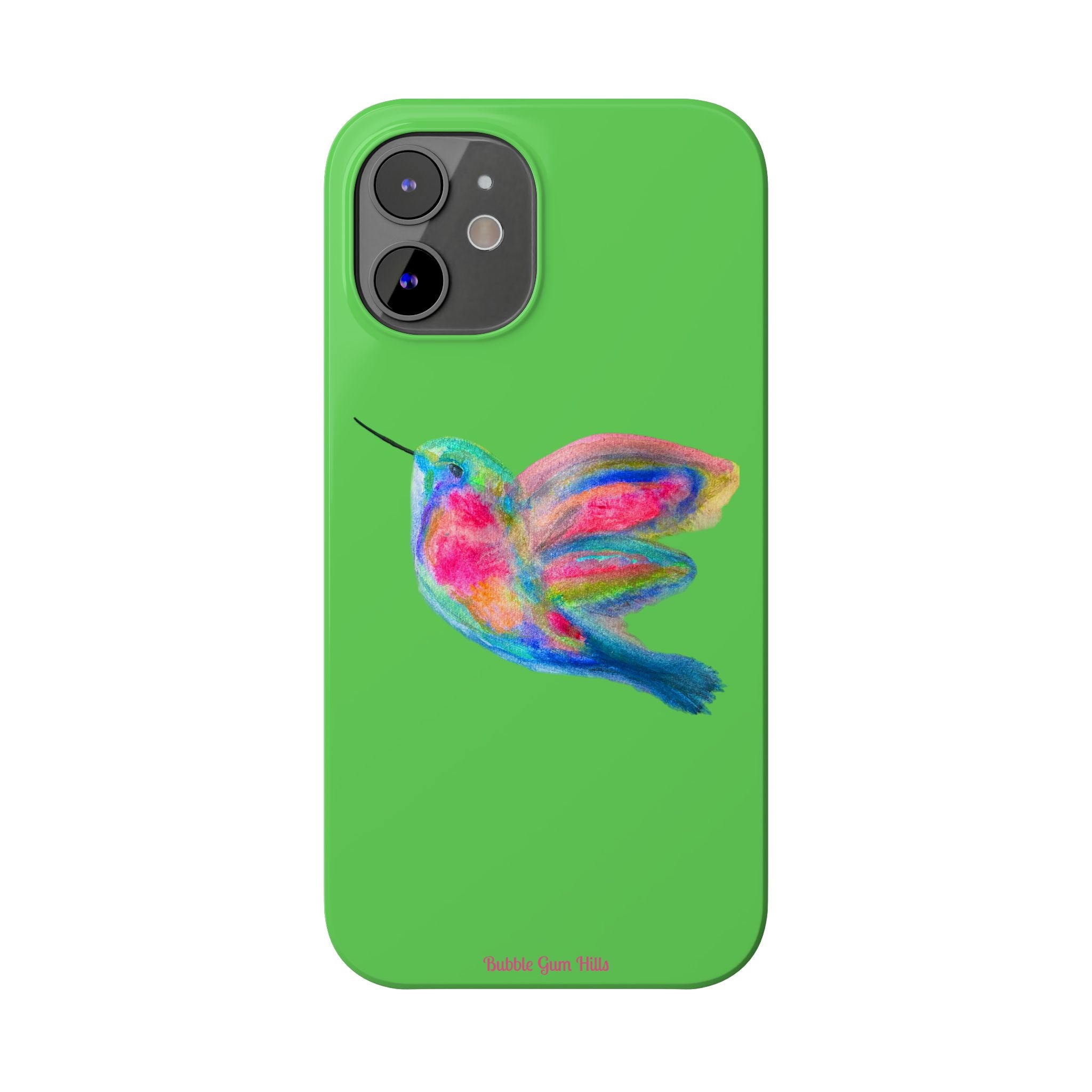 Colorful Hummingbird Slim Phone Case — Bright Green Watercolor Design