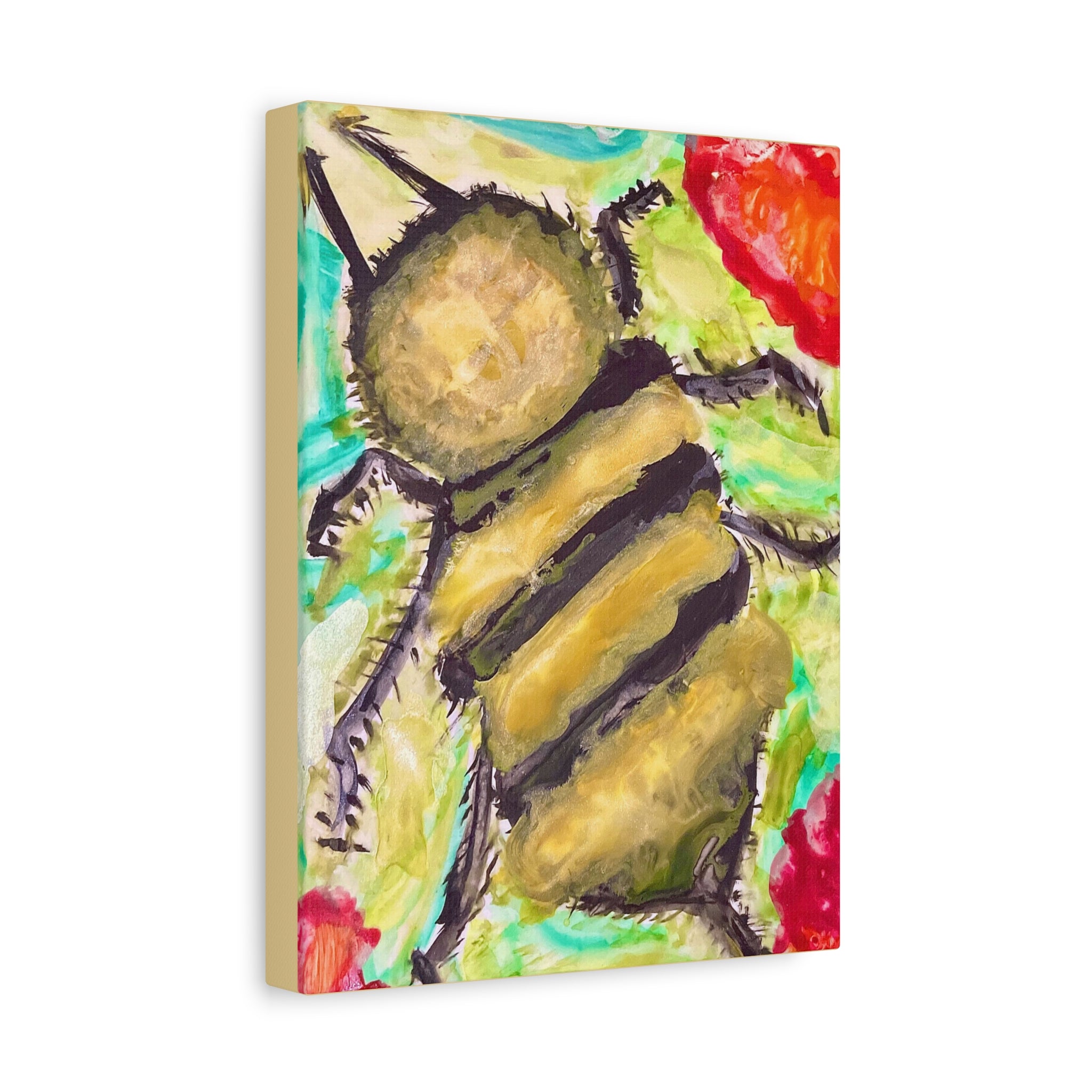 Bee Artwork Canvas Print — Colorful Honeybee Wall Art, Floral Garden Decor