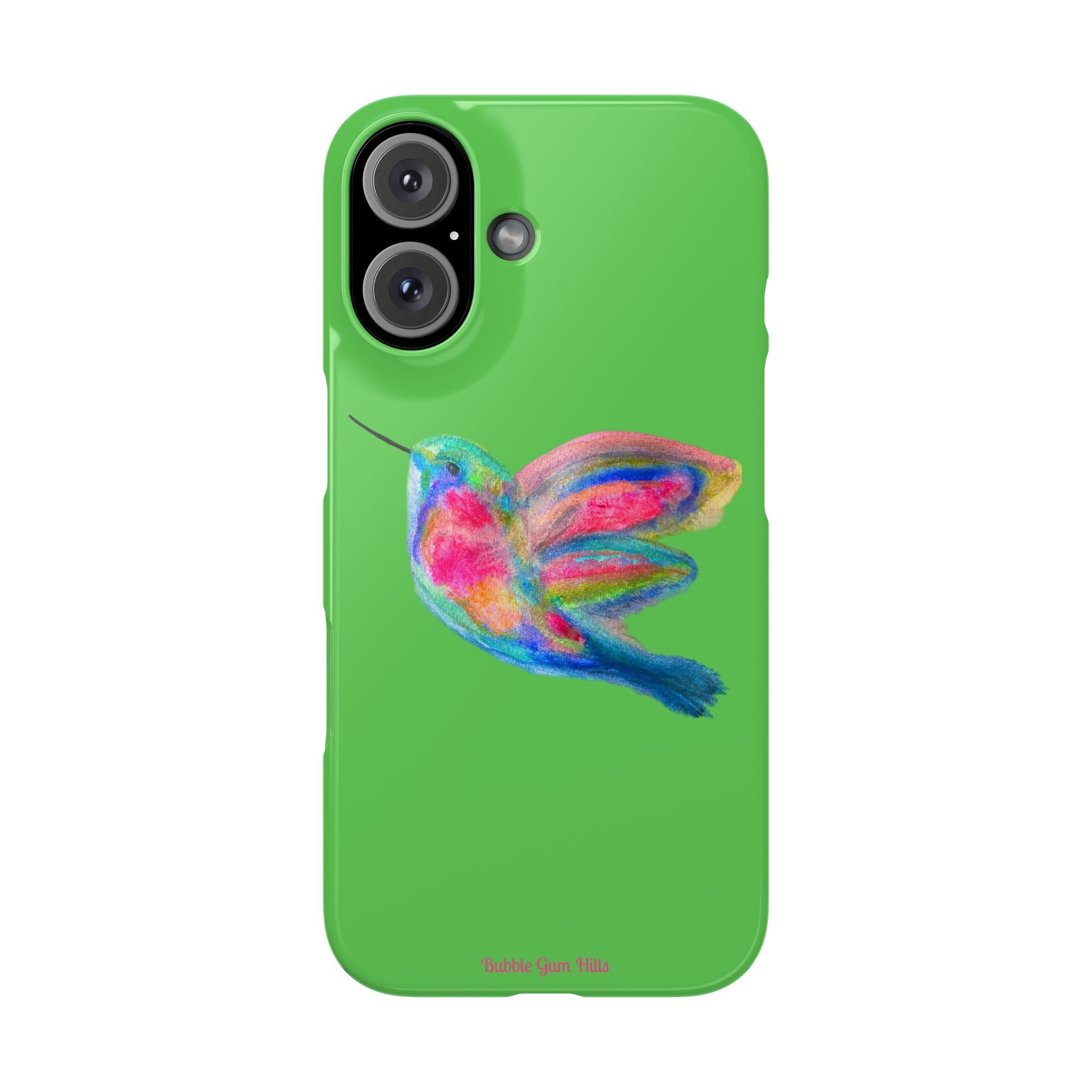 Colorful Hummingbird Slim Phone Case — Bright Green Watercolor Design