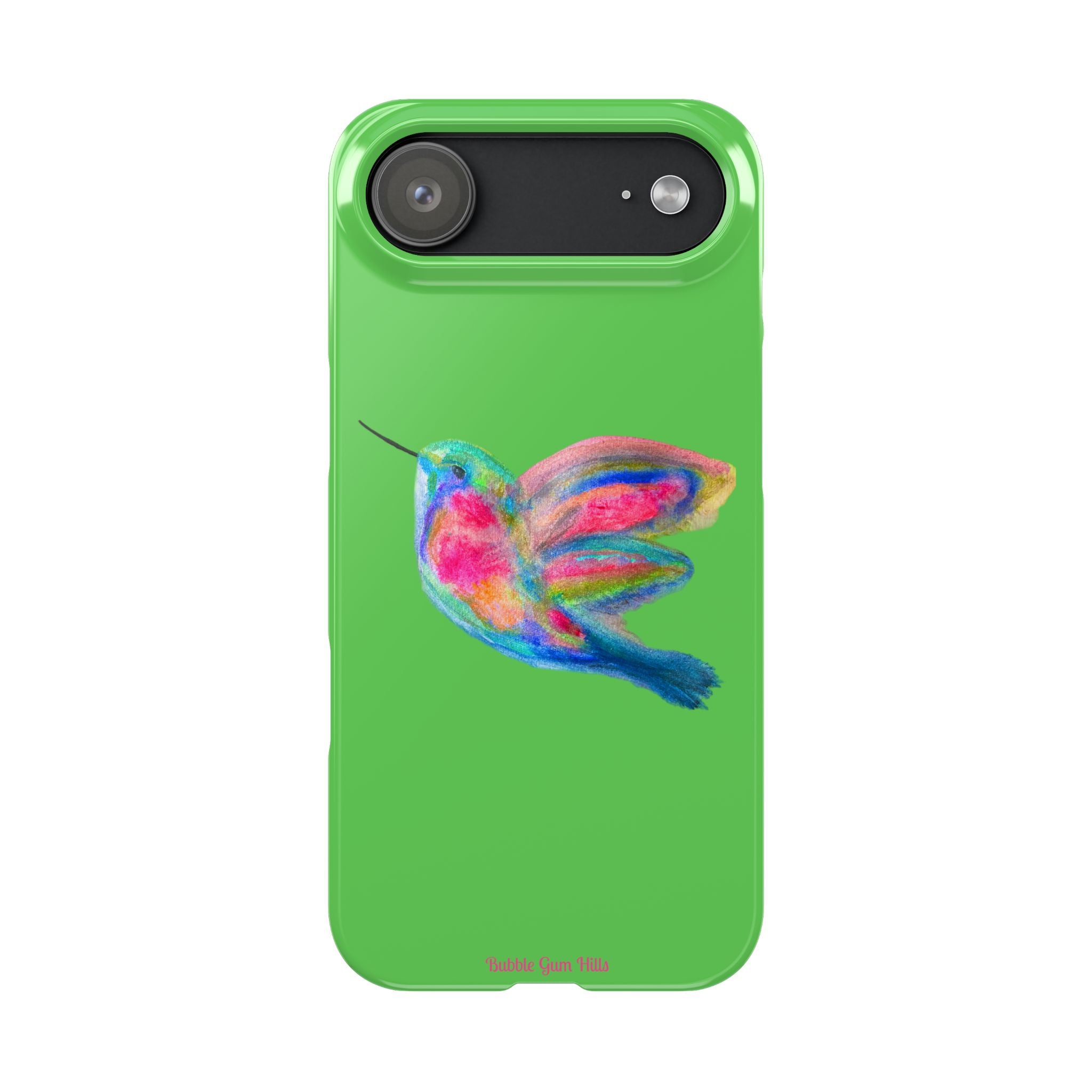 Colorful Hummingbird Slim Phone Case — Bright Green Watercolor Design