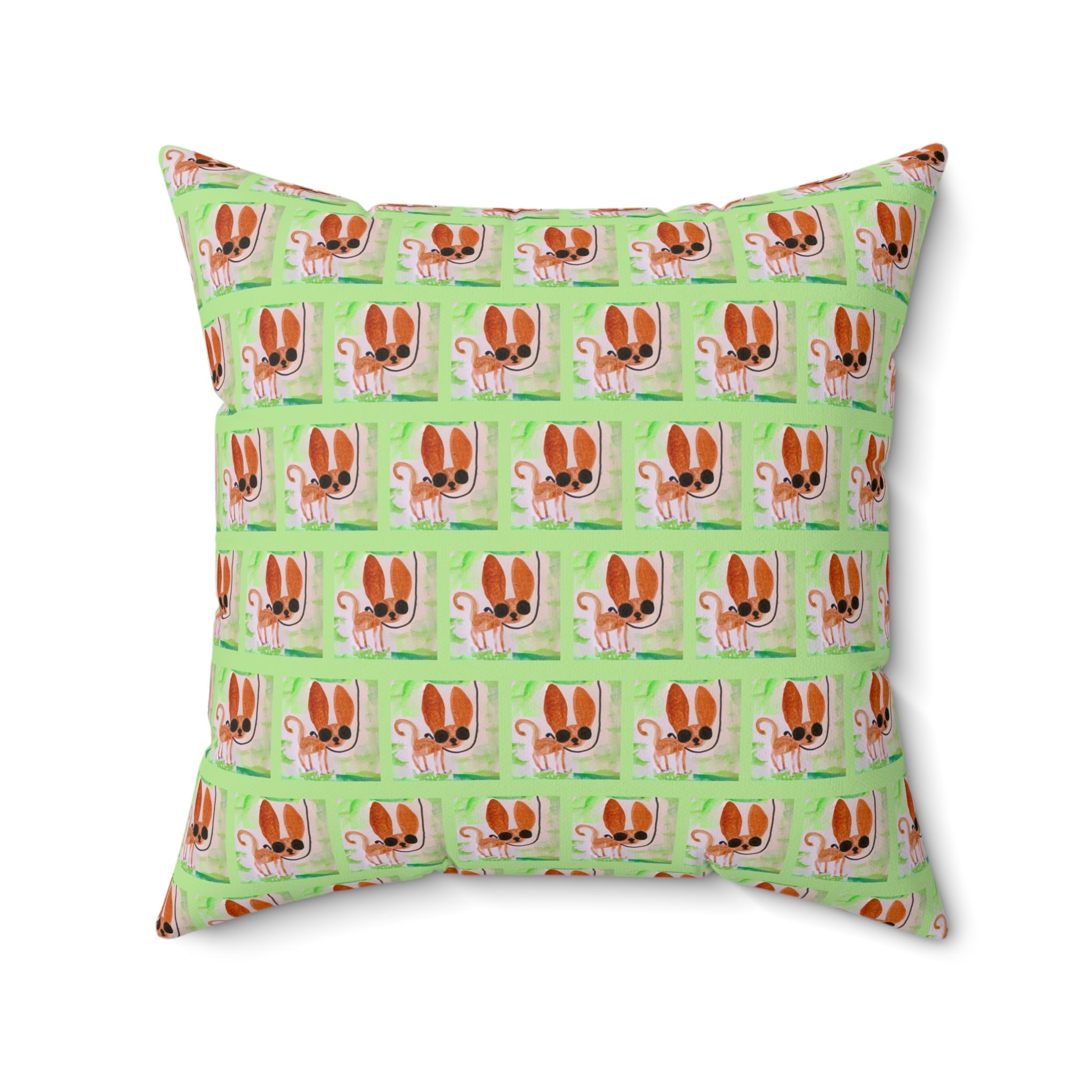 Chihuahua Dog Park Walk Square Pillow — Cute Sassy Pup on Green Background