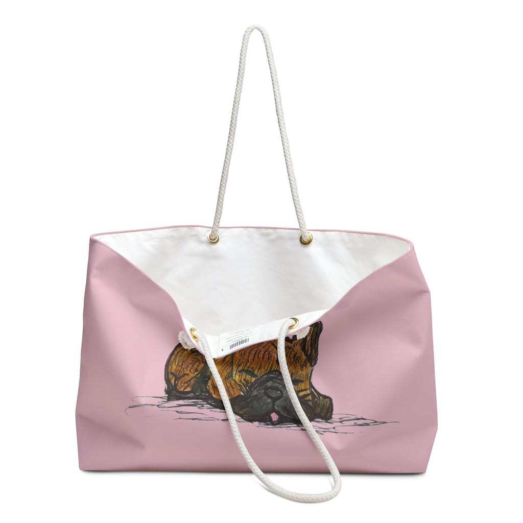 Sleeping Chocolate French Bulldog Pink Shoulder Day or Travel Tote Bag – Cute Pastel Dog Weekender