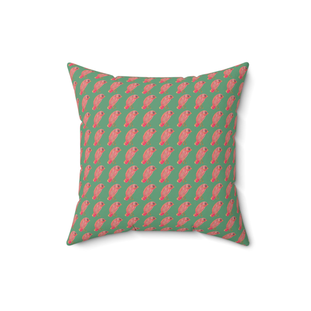 Red, Orange & Pink Birds Pattern with Wild Outdoor Green Background Square Decorative Throw Pillow Perfect for Bird Lovers