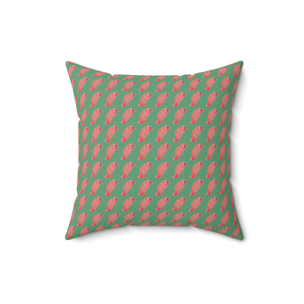 Red, Orange & Pink Birds Pattern with Wild Outdoor Green Background Square Decorative Throw Pillow Perfect for Bird Lovers