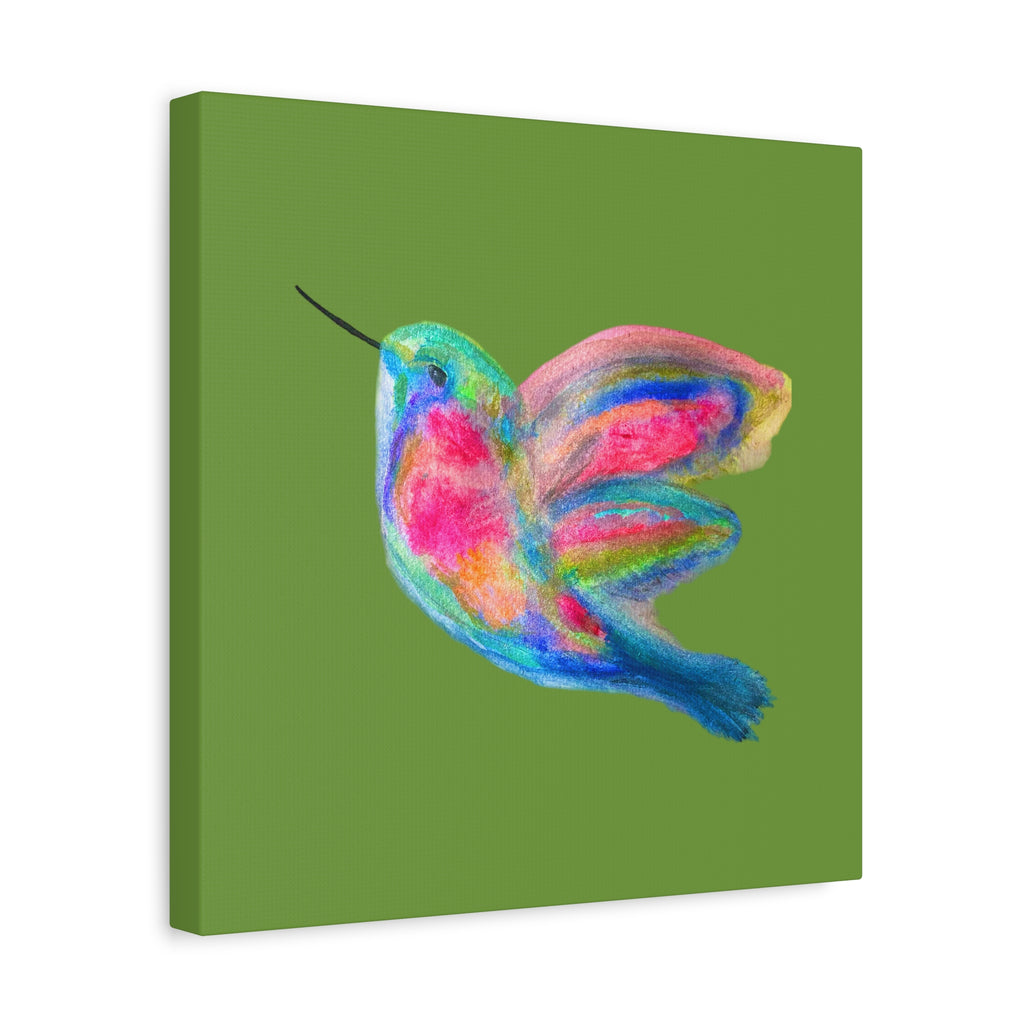 Canvas Wall Art — Colorful Hummingbird Painting on Green Matte Stretched Canvas