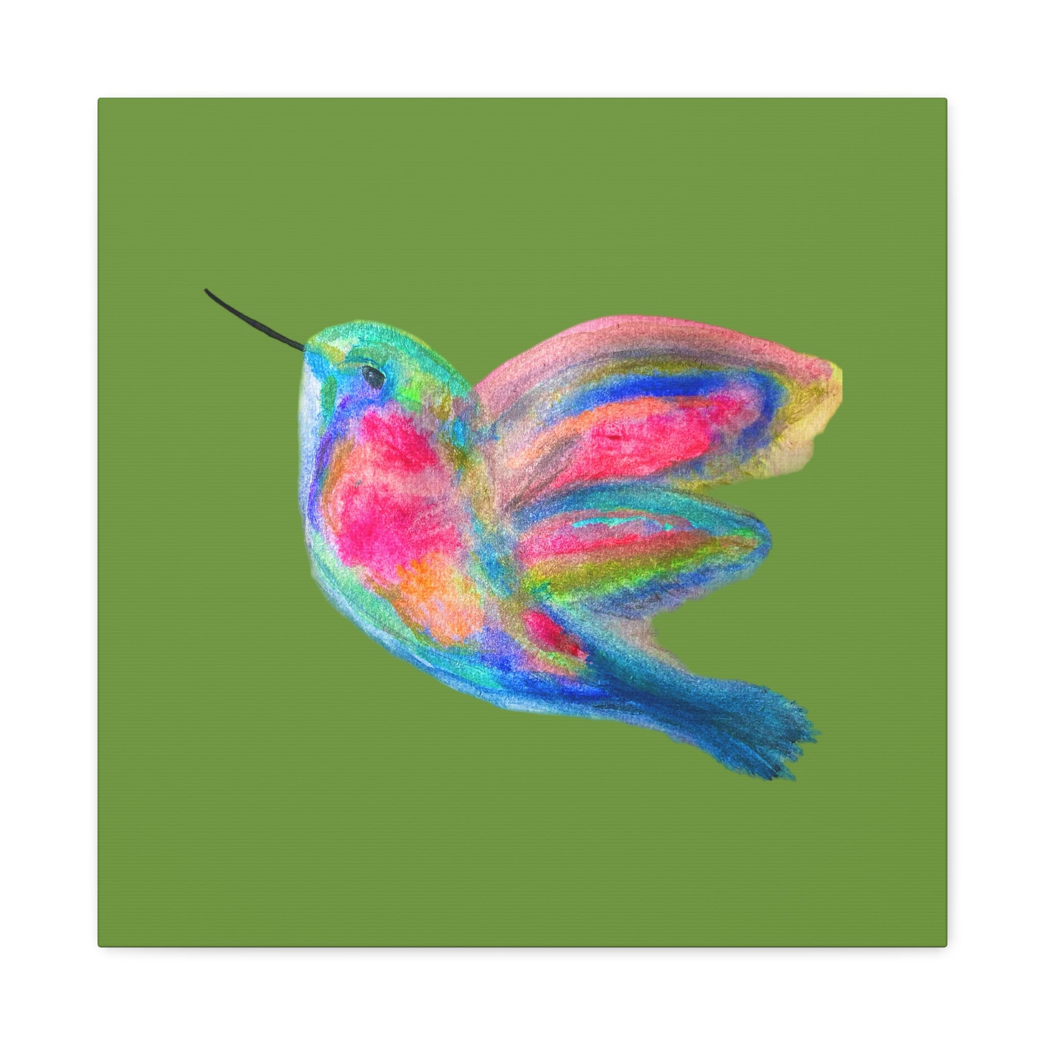 Canvas Wall Art — Colorful Hummingbird Painting on Green Matte Stretched Canvas