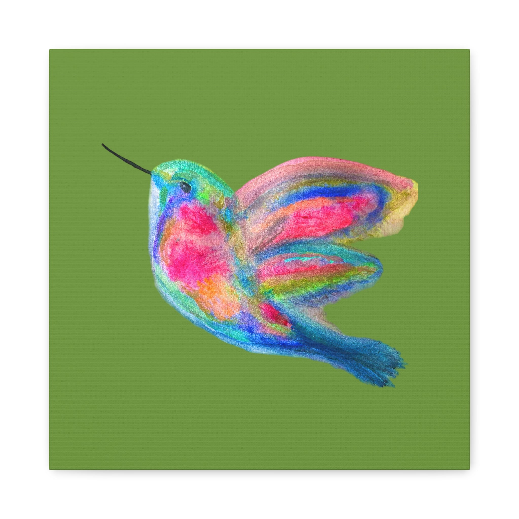 Canvas Wall Art — Colorful Hummingbird Painting on Green Matte Stretched Canvas