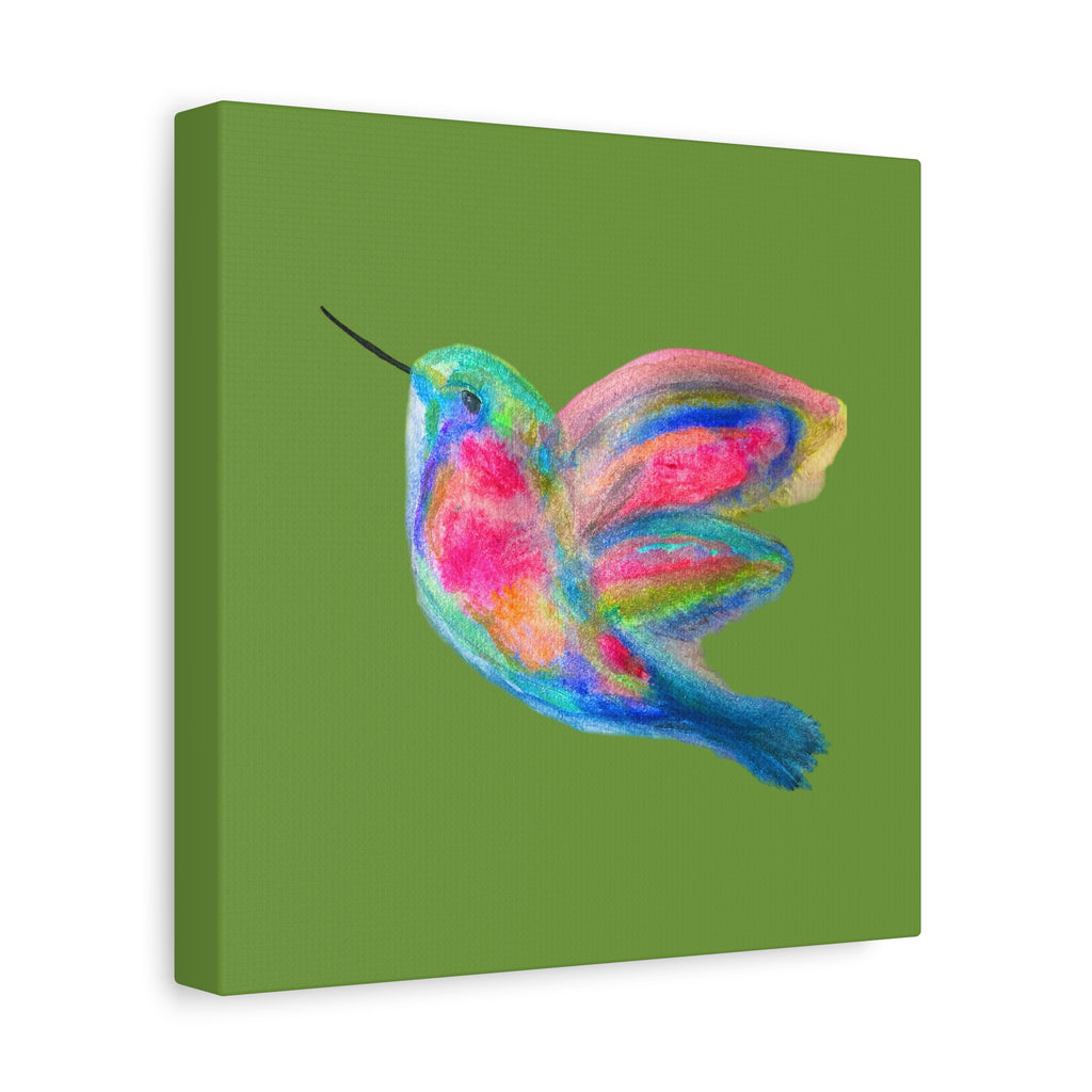 Canvas Wall Art — Colorful Hummingbird Painting on Green Matte Stretched Canvas