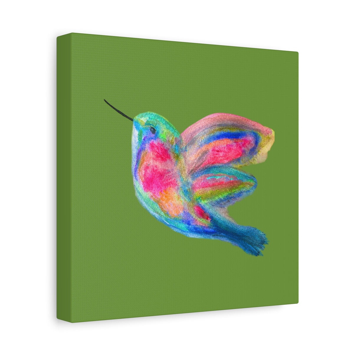 Canvas Wall Art — Colorful Hummingbird Painting on Green Matte Stretched Canvas