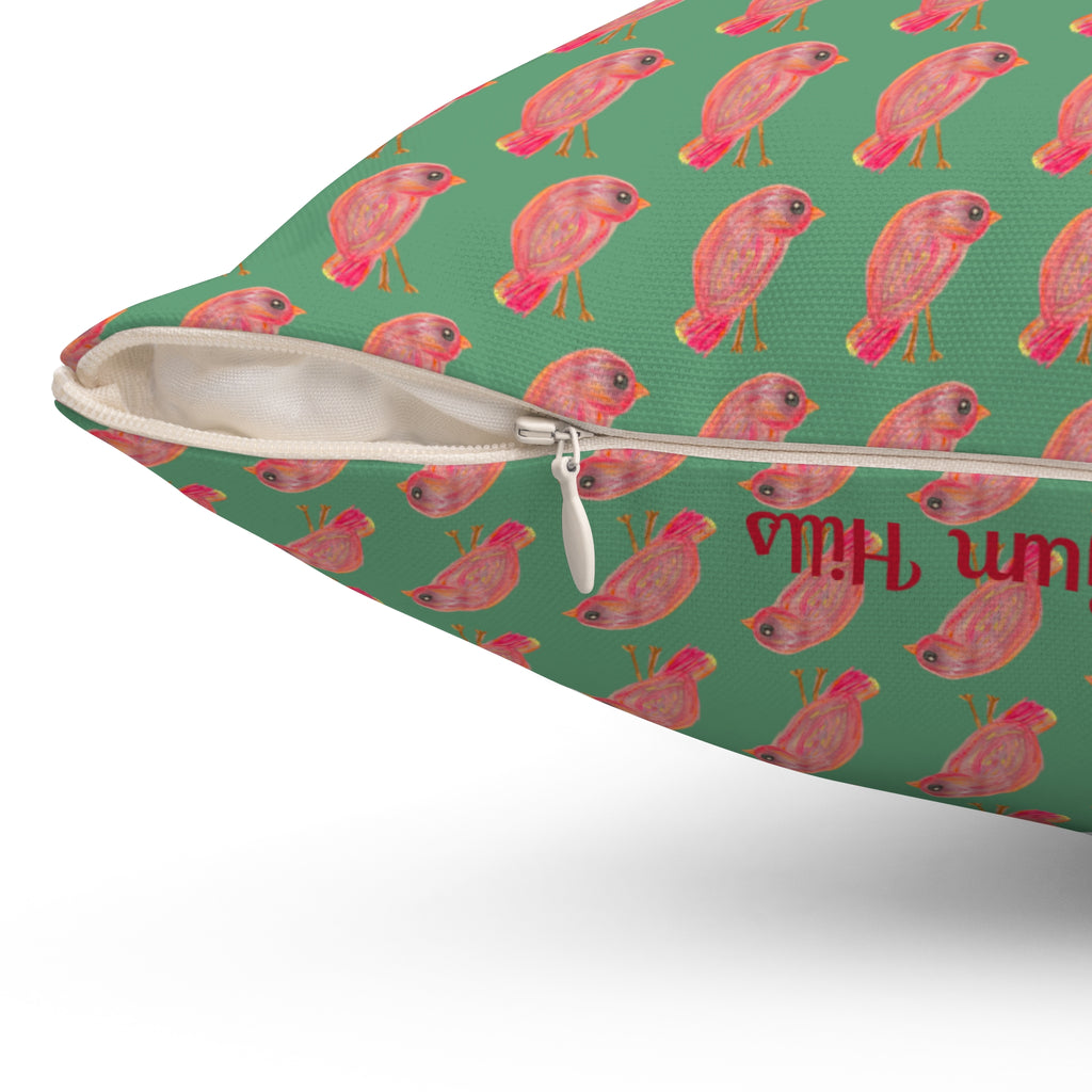 Red, Orange & Pink Birds Pattern with Wild Outdoor Green Background Square Decorative Throw Pillow Perfect for Bird Lovers