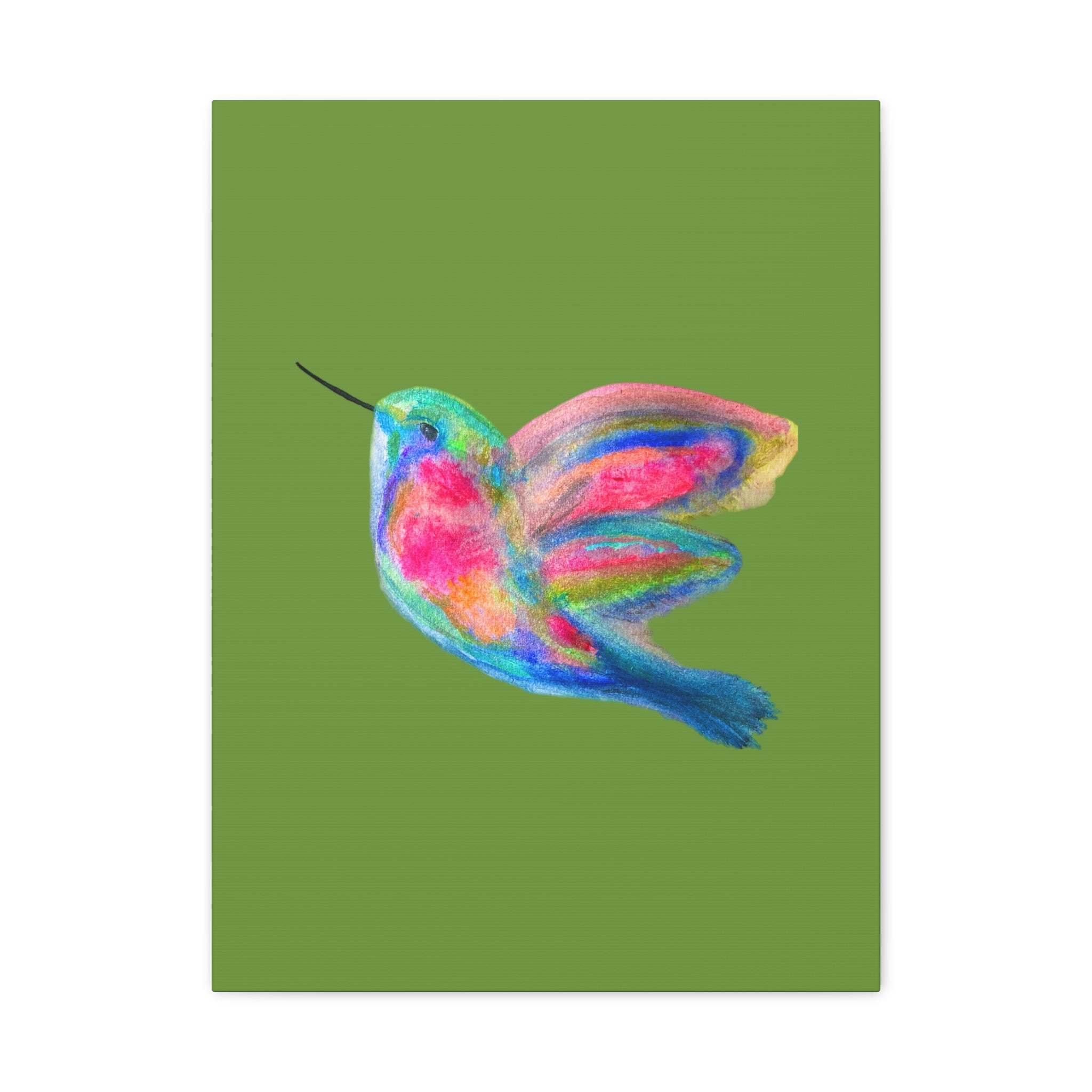 Canvas Wall Art — Colorful Hummingbird Painting on Green Matte Stretched Canvas