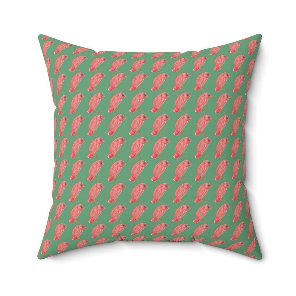 Red, Orange & Pink Birds Pattern with Wild Outdoor Green Background Square Decorative Throw Pillow Perfect for Bird Lovers