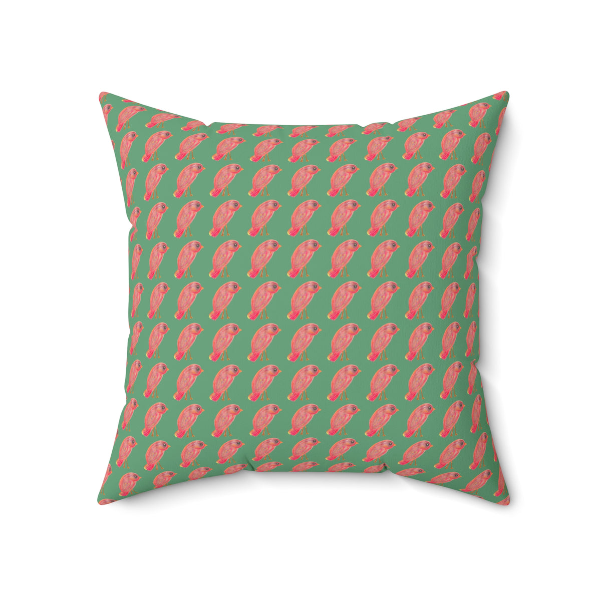 Red, Orange & Pink Birds Pattern with Wild Outdoor Green Background Square Decorative Throw Pillow Perfect for Bird Lovers