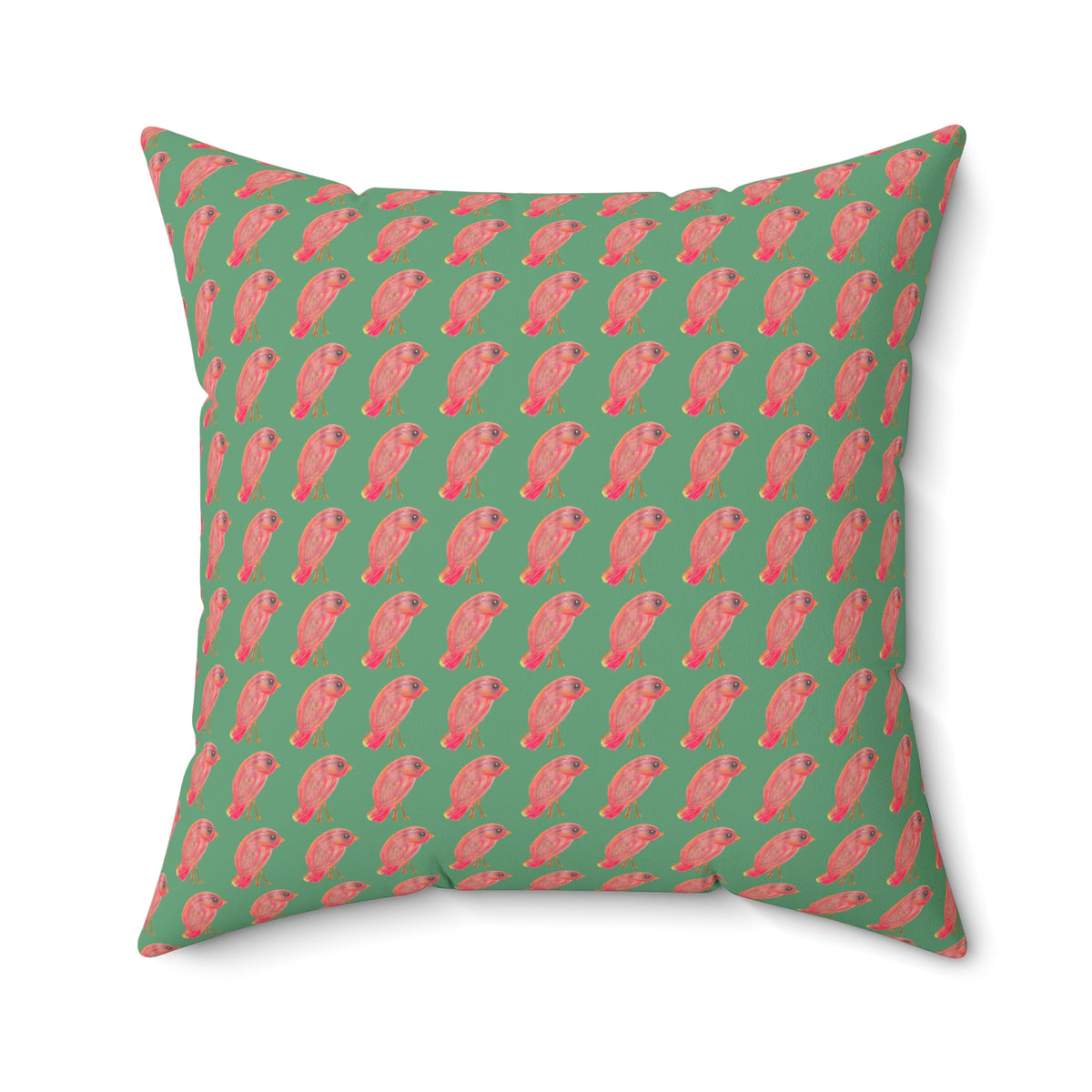 Red, Orange & Pink Birds Pattern with Wild Outdoor Green Background Square Decorative Throw Pillow Perfect for Bird Lovers