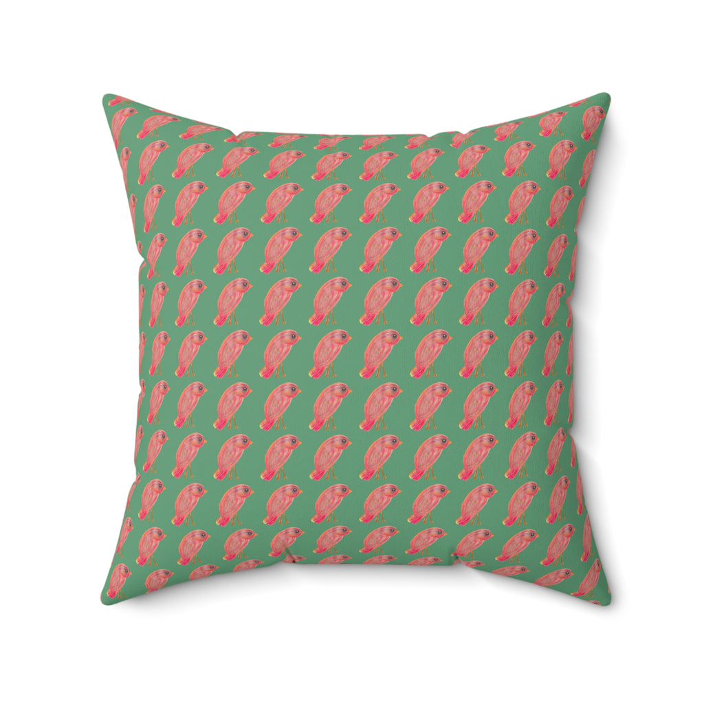 Red, Orange & Pink Birds Pattern with Wild Outdoor Green Background Square Decorative Throw Pillow Perfect for Bird Lovers