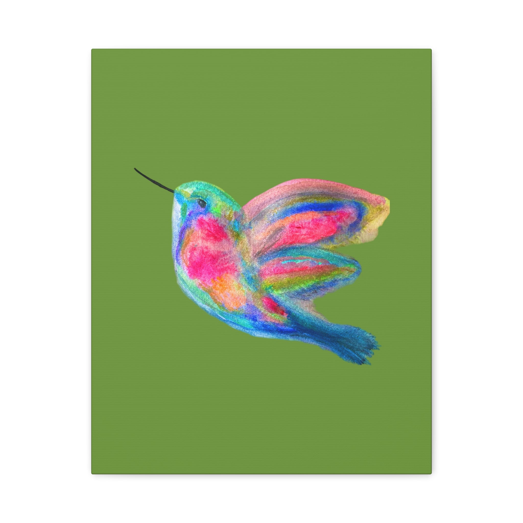 Canvas Wall Art — Colorful Hummingbird Painting on Green Matte Stretched Canvas