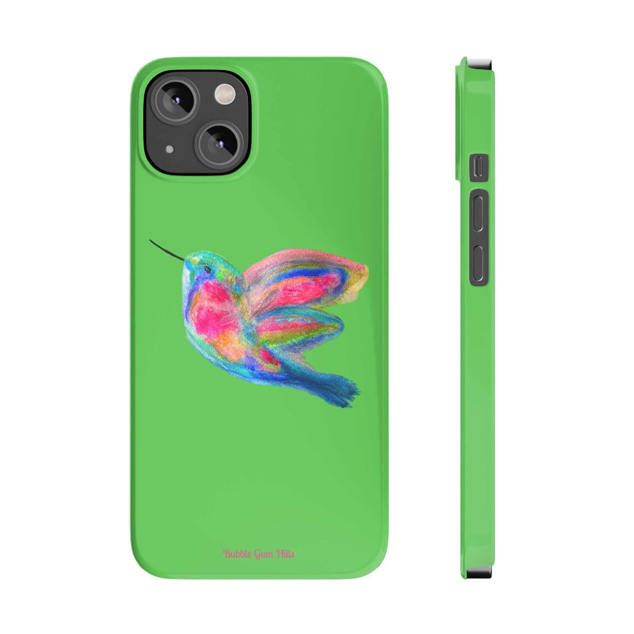 Colorful Hummingbird Slim Phone Case — Bright Green Watercolor Design