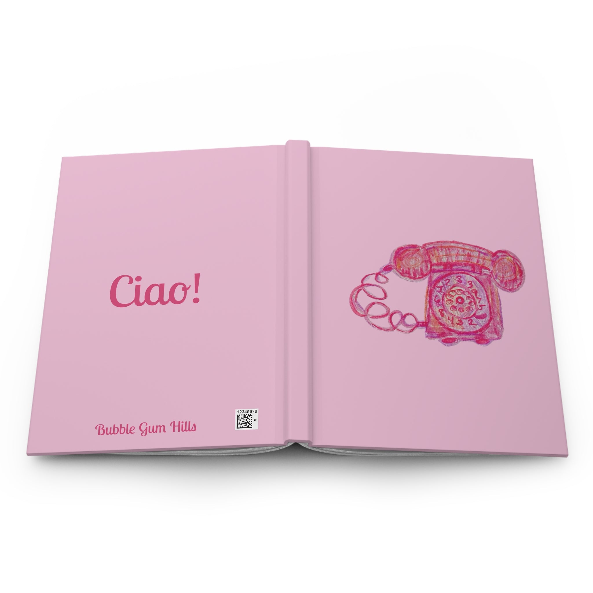 "Ciao!" Pink Retro Rotary Telephone on Light Pink Matte 150 Page Lined Hardcover Flat Journal Diary