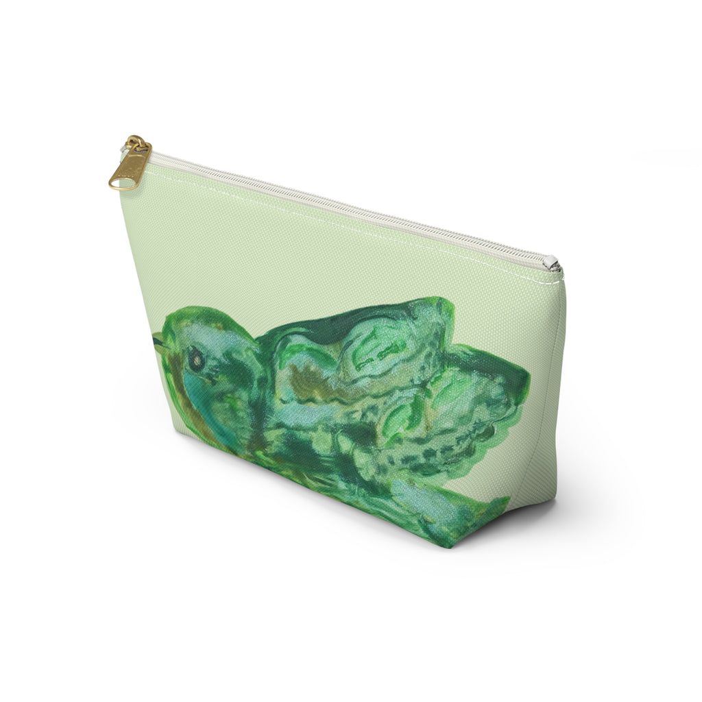 Shades of Green Bird Watercolor Zipper Accessory Makeup Day or Travel Cosmetic Pouch Bag