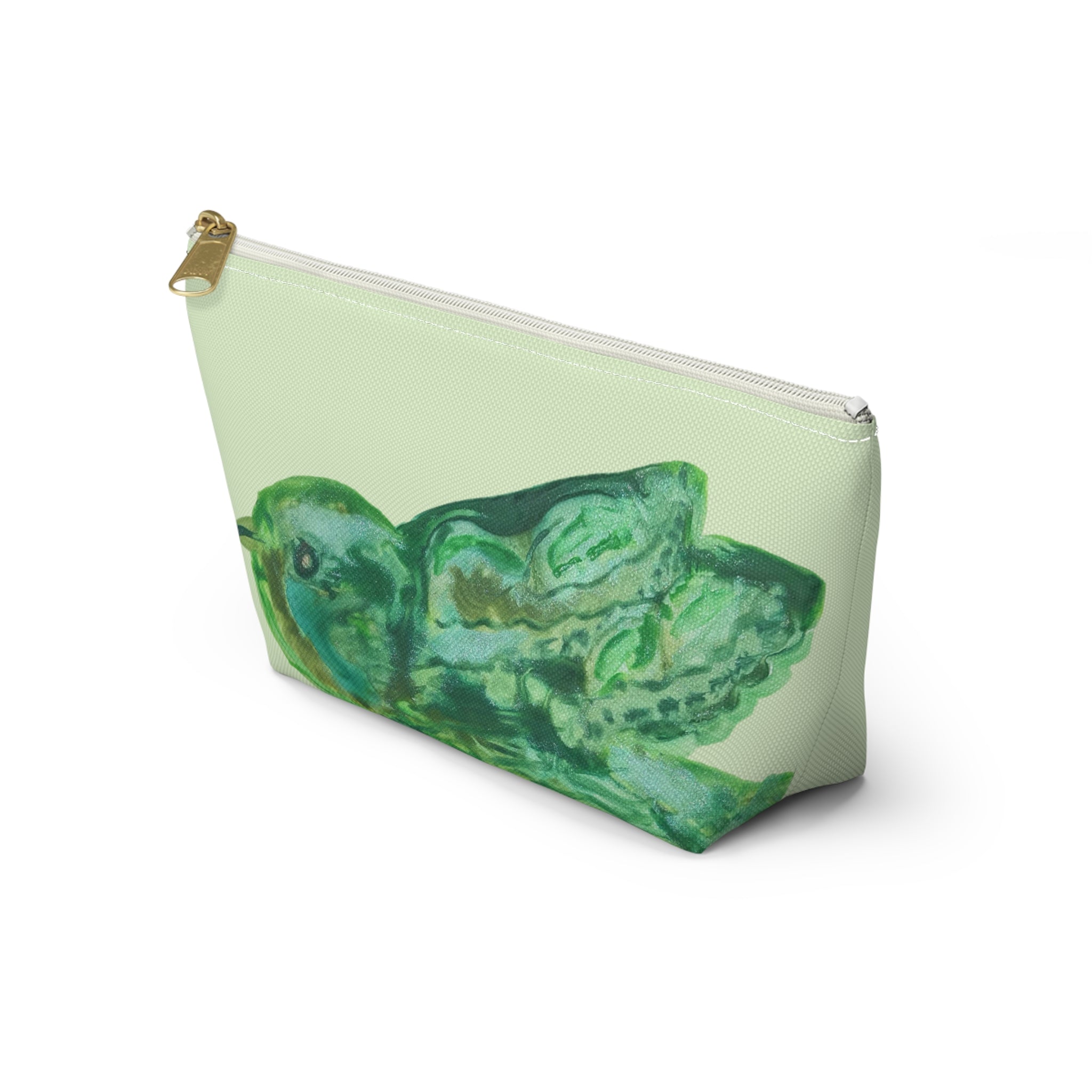 Shades of Green Bird Watercolor Zipper Accessory Makeup Day or Travel Cosmetic Pouch Bag