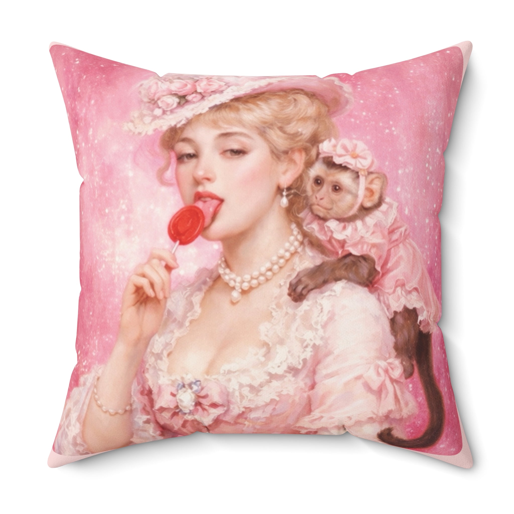 Versailles Lady & Pet Monkey - Pink in Paris France  Decorative Pillow