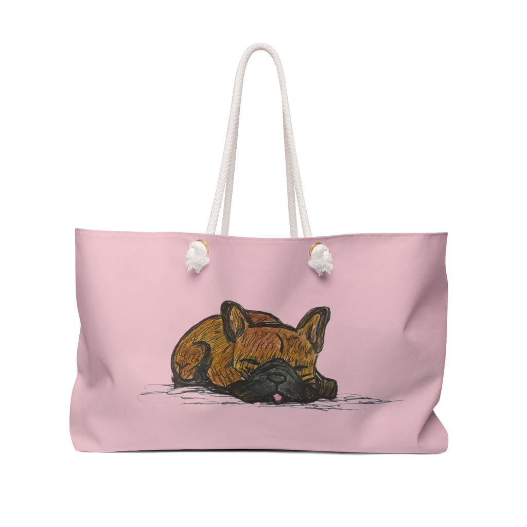 Sleeping Chocolate French Bulldog Pink Shoulder Day or Travel Tote Bag – Cute Pastel Dog Weekender