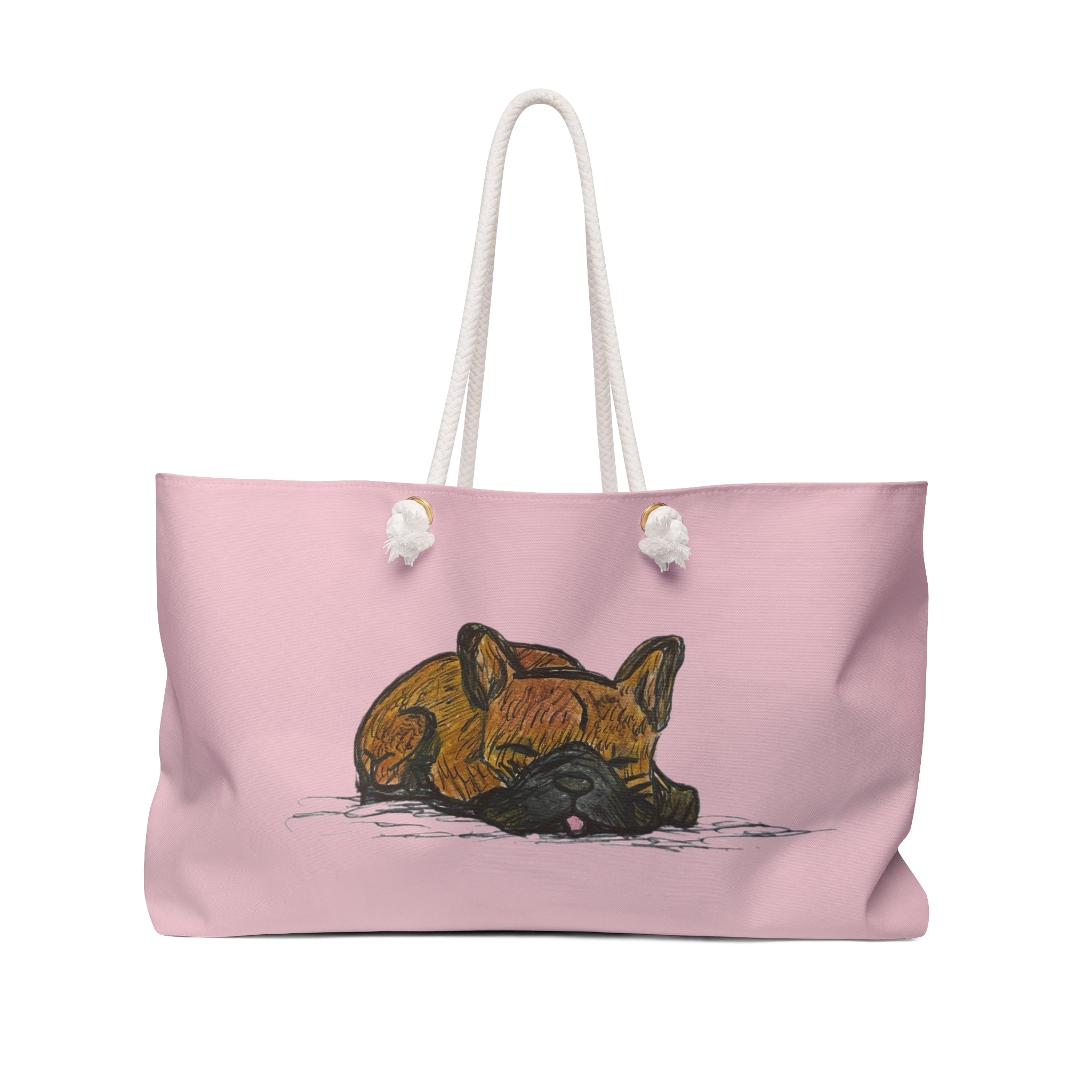Sleeping Chocolate French Bulldog Pink Shoulder Day or Travel Tote Bag – Cute Pastel Dog Weekender