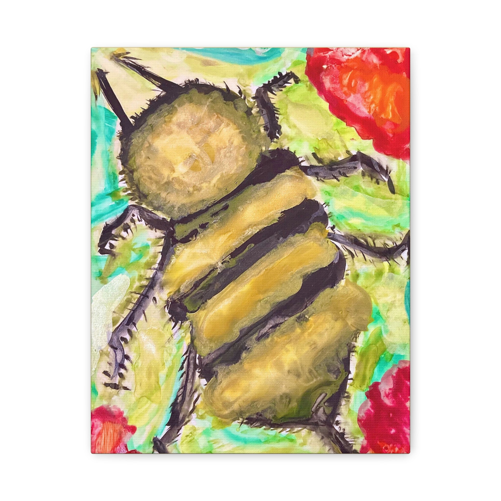 Bee Artwork Canvas Print — Colorful Honeybee Wall Art, Floral Garden Decor
