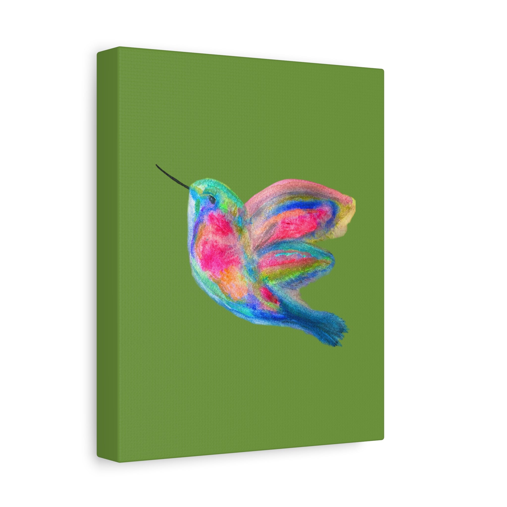 Canvas Wall Art — Colorful Hummingbird Painting on Green Matte Stretched Canvas