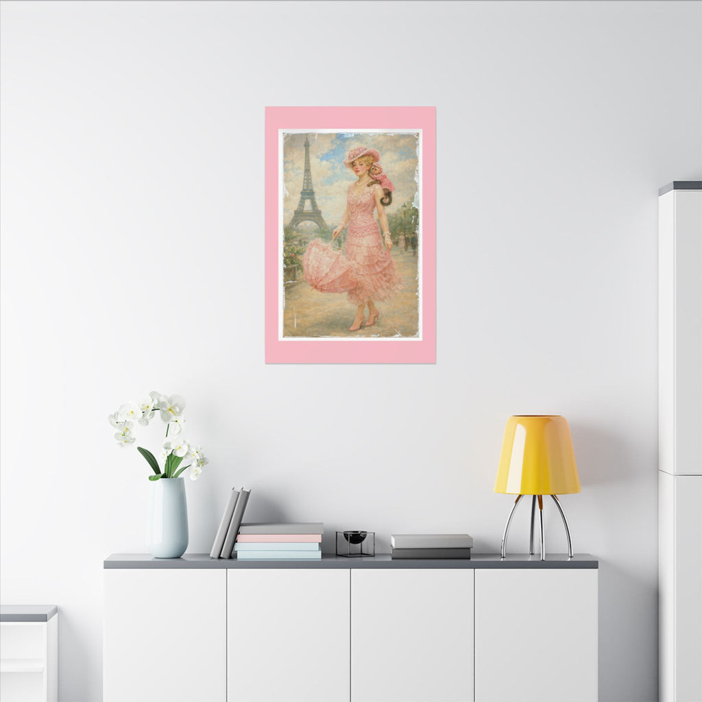 Vintage Parisian Lady & Monkey Canvas Wall Art — Pink Eiffel Poster