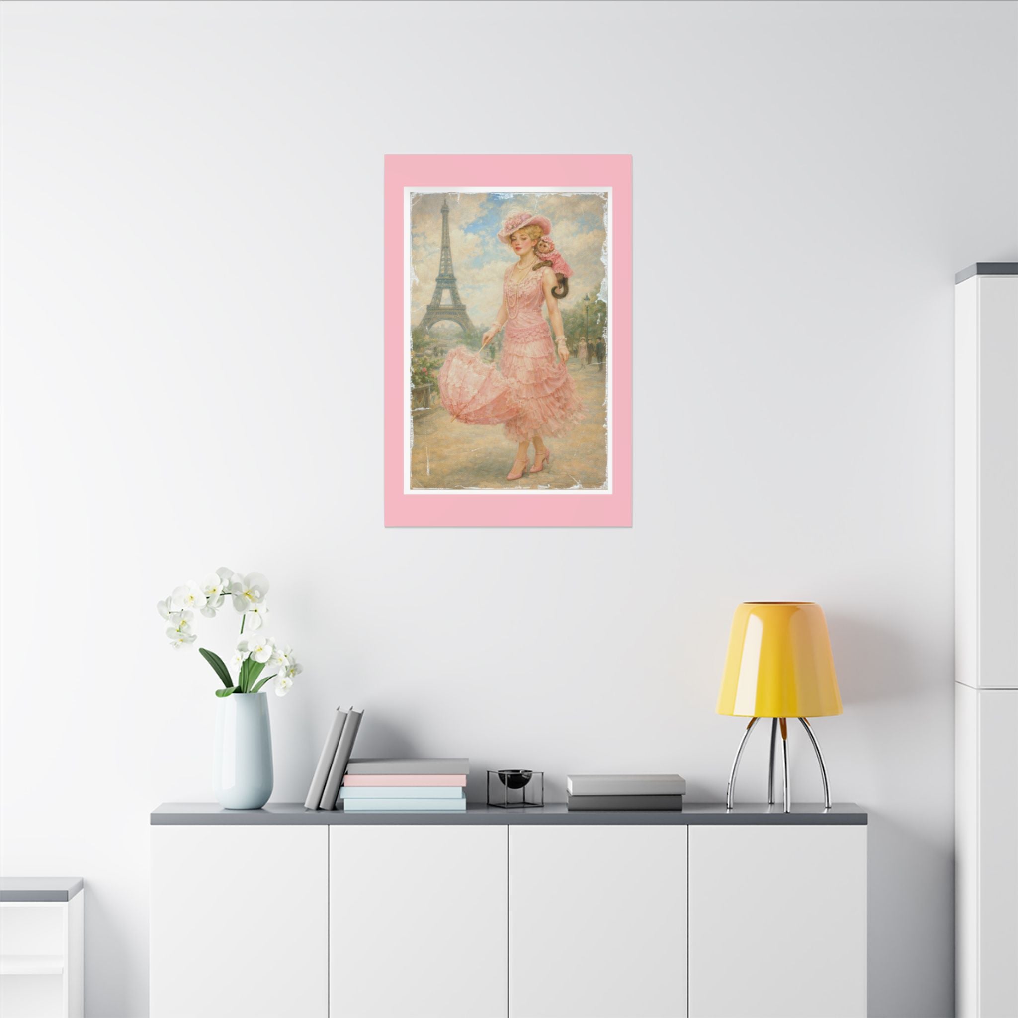 Vintage Parisian Lady & Monkey Canvas Wall Art — Pink Eiffel Poster