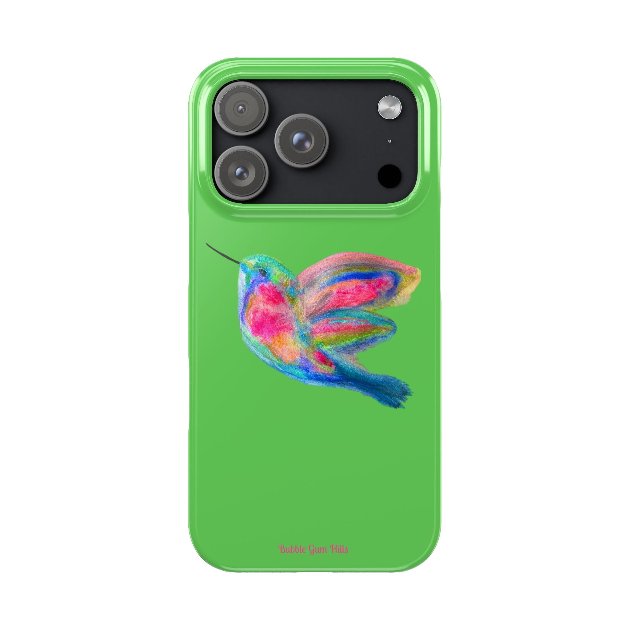Colorful Hummingbird Slim Phone Case — Bright Green Watercolor Design